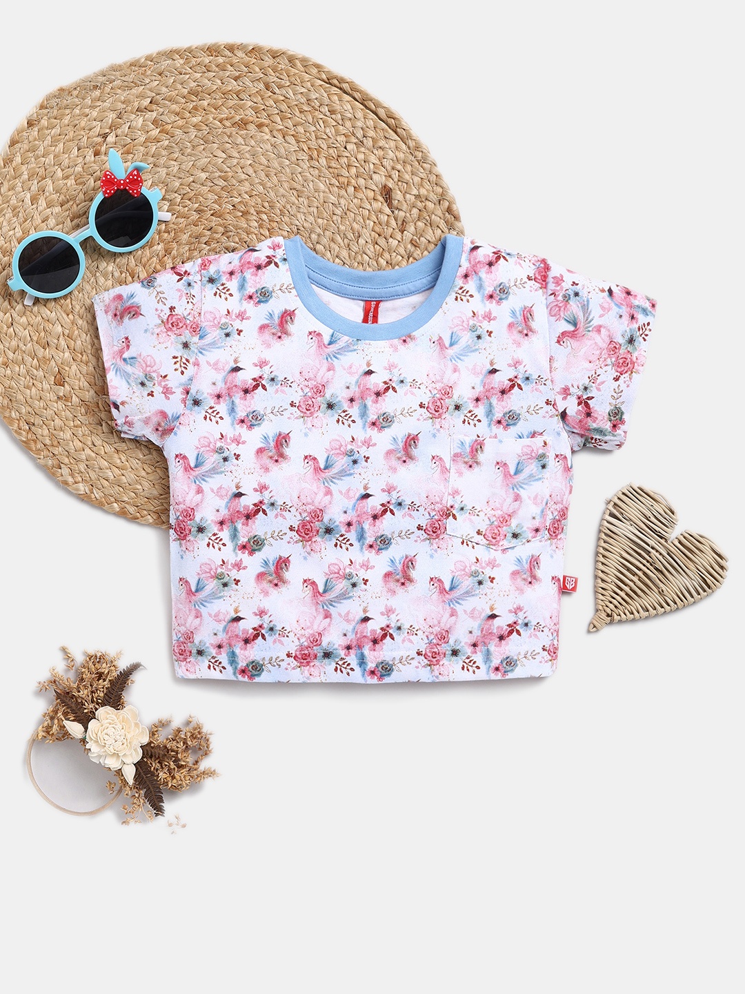 

Here&Now X Game Begins Girls Floral Printed Pure Cotton Crop Top with Pocket, Multi