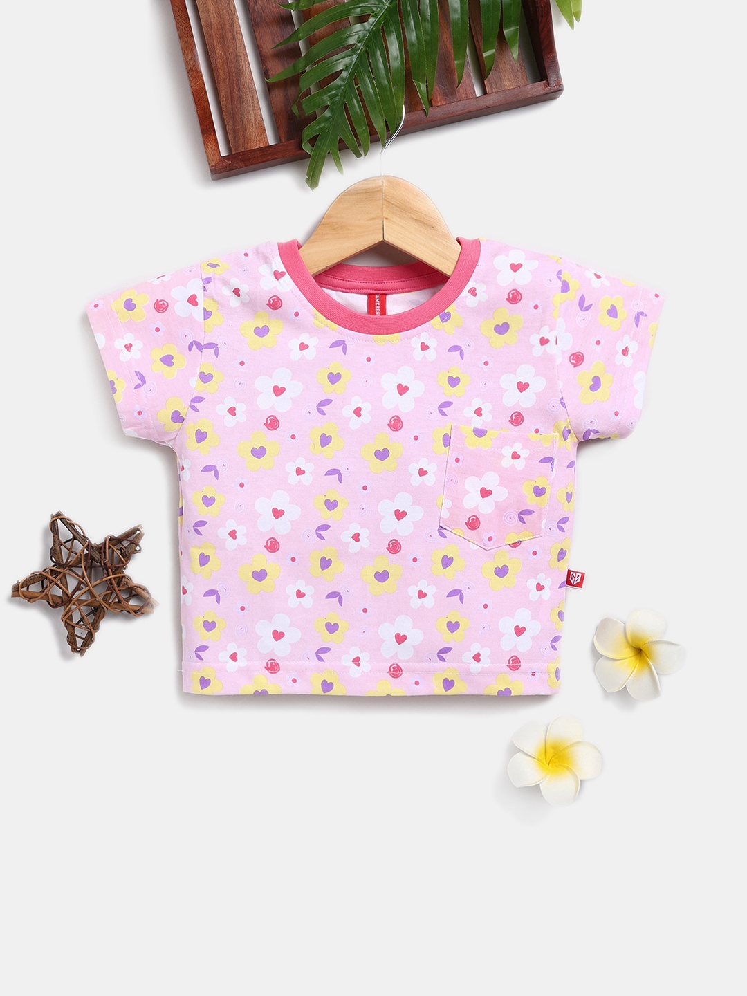 

Here&Now X Game Begins Girls Floral Printed Pure Cotton Crop Top with Pocket, Pink
