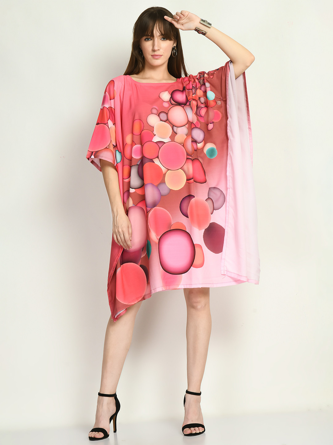 

Navvi Printed Kimono Sleeves Cotton Kaftan Dress, Pink