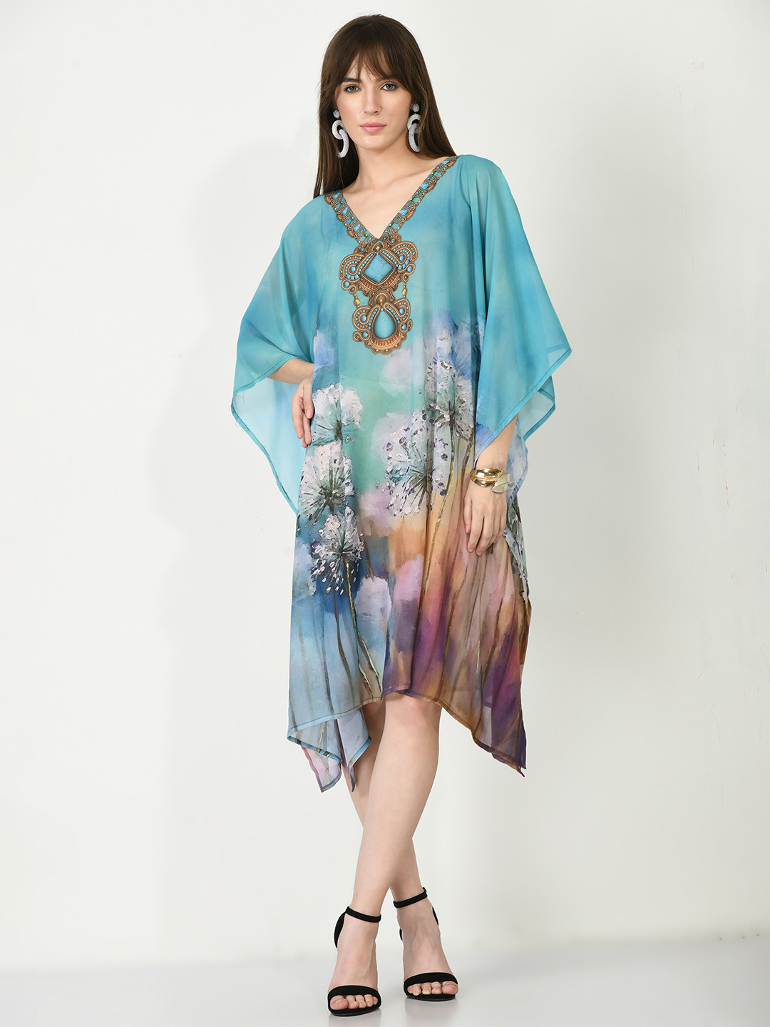 

Navvi Printed Kimono Sleeves Cotton Kaftan Dress, Blue
