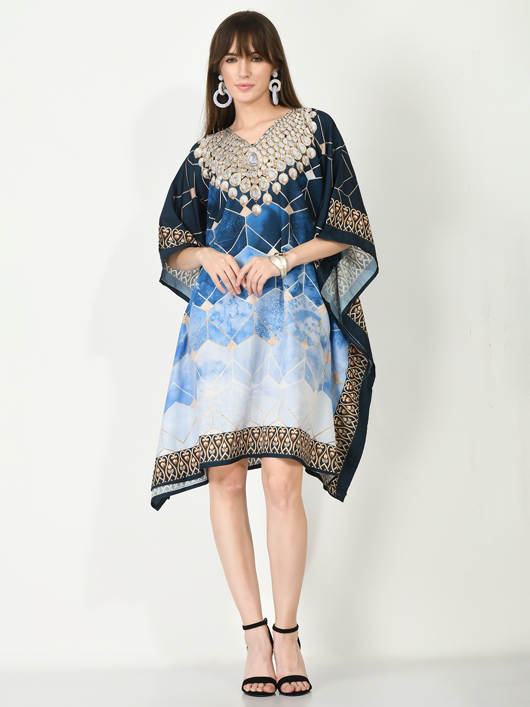 

Navvi Printed Kimono Sleeves Cotton Kaftan Dress, Blue