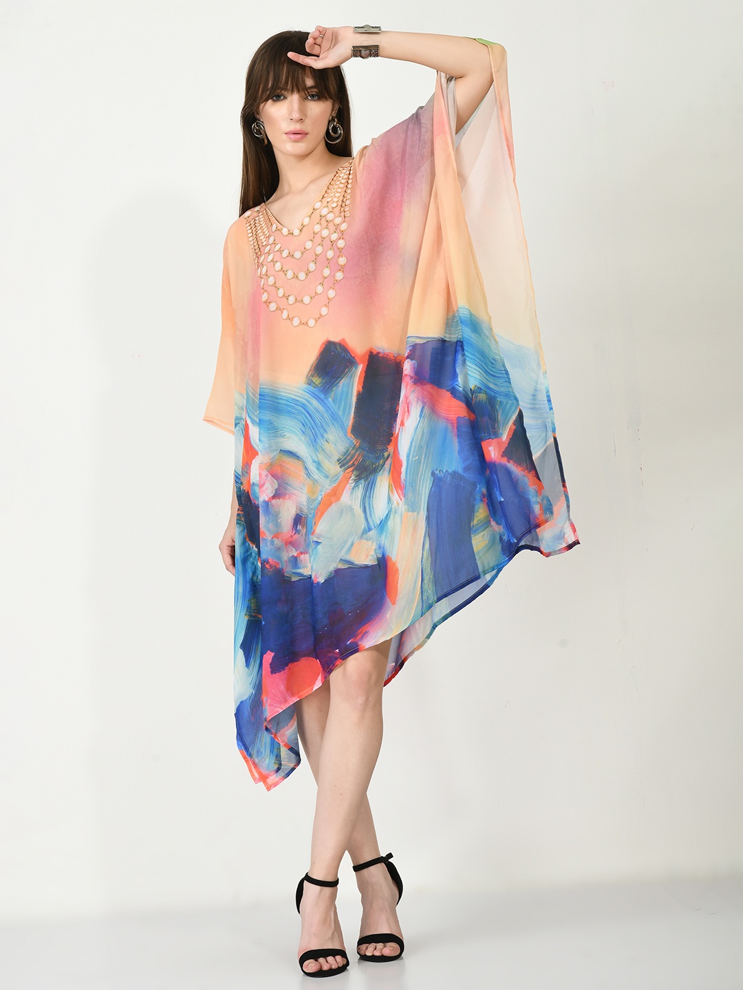 

Navvi Printed Kimono Sleeves Cotton Kaftan Dress, Peach