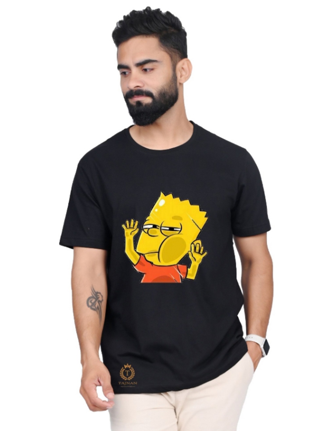 

TAJNAN Men Printed Applique T-shirt, Black