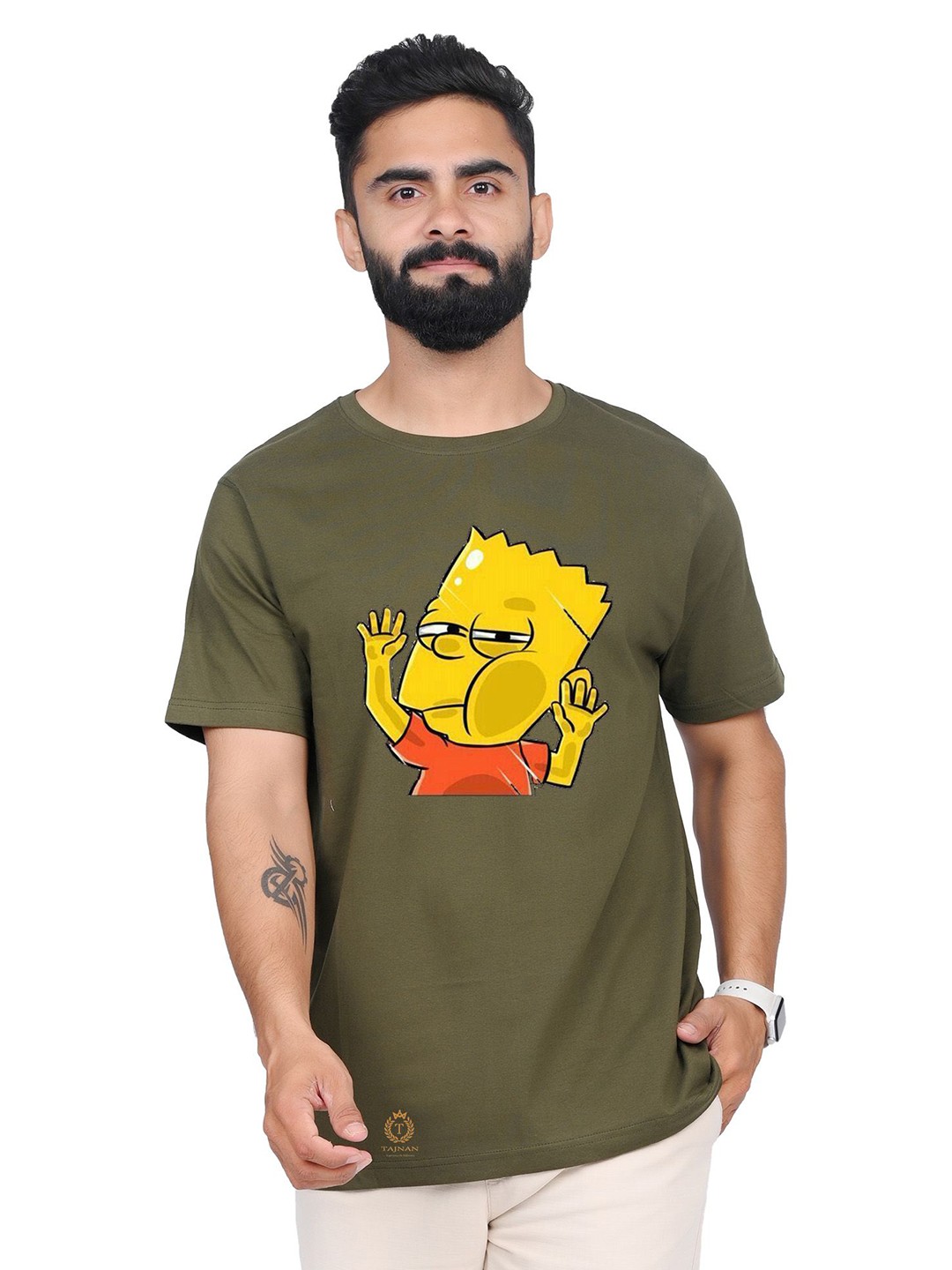 

TAJNAN Men Printed Applique T-shirt, Olive