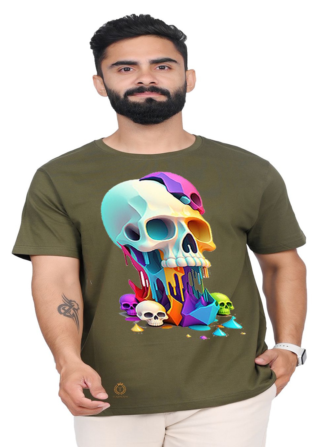 

TAJNAN Men Printed Raw Edge T-shirt, Green
