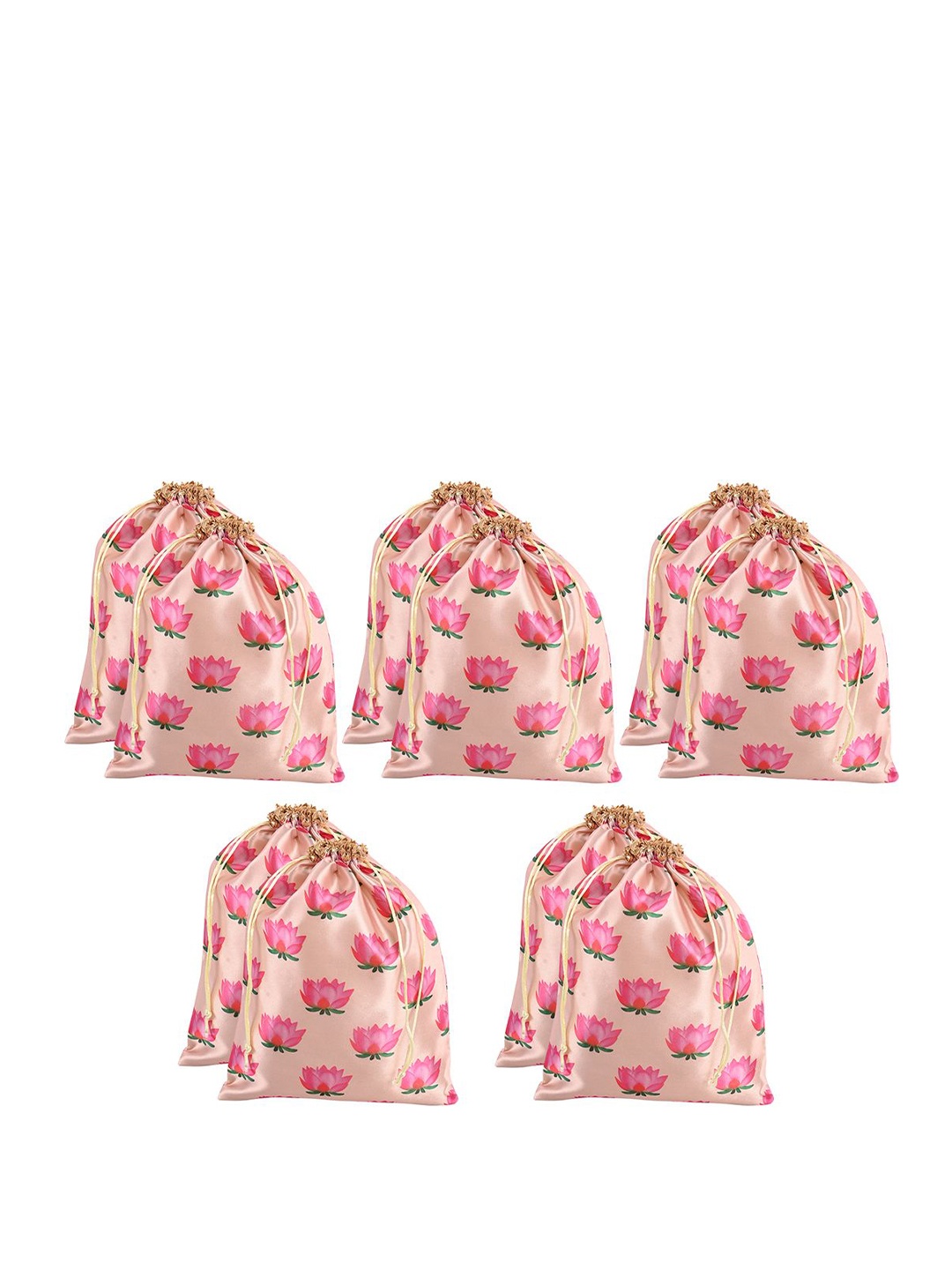 

Kuber Industries Set of 10 Lotus Printed Potli Bags, Cream
