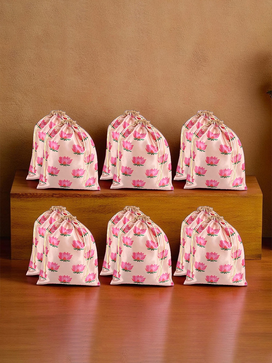 

Kuber Industries Set of 12 Lotus Printed Potli Bags, Cream