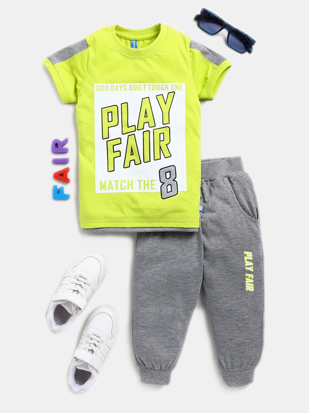 

Here&Now X Game Begins Boys Printed Pure Cotton T-shirt with Joggers, Lime green