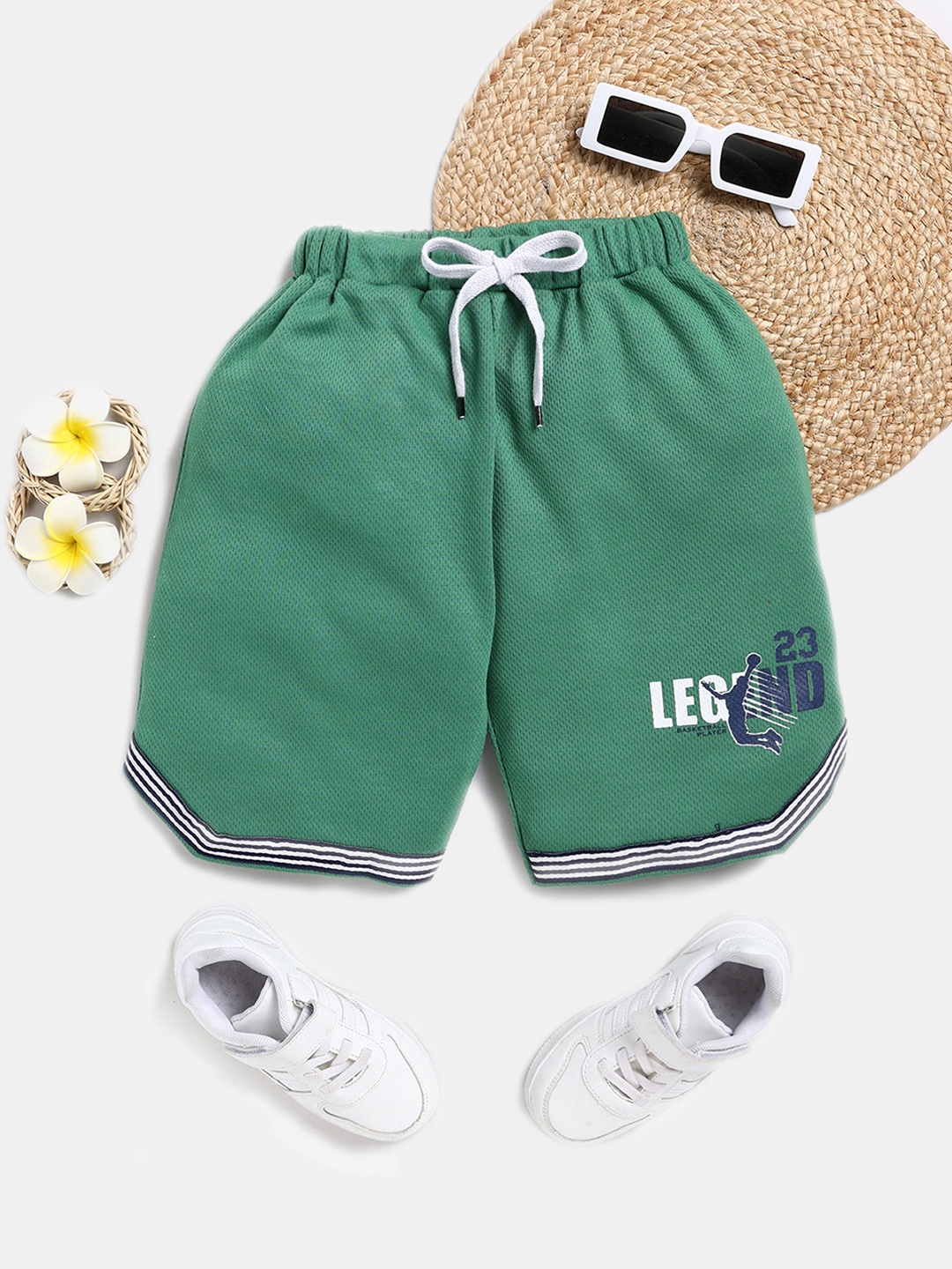 

Here&Now X Game Begins Boys Typography Printed Pure Cotton Sports Shorts, Green