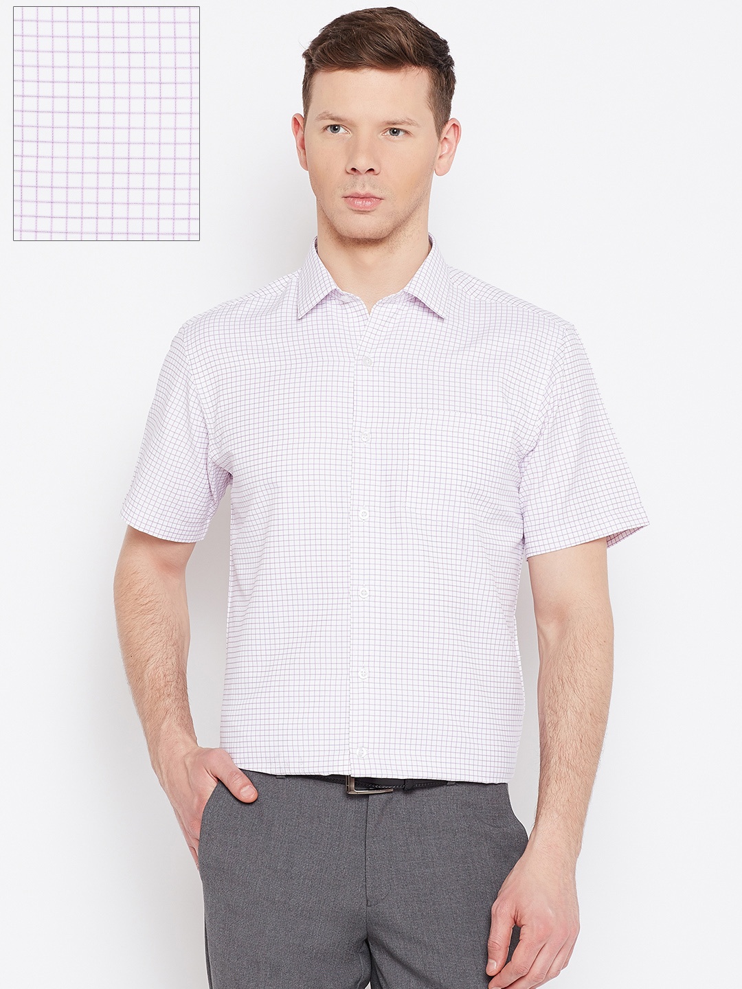 

John Players Men White & Lavender Regular Fit Checked Formal Shirt