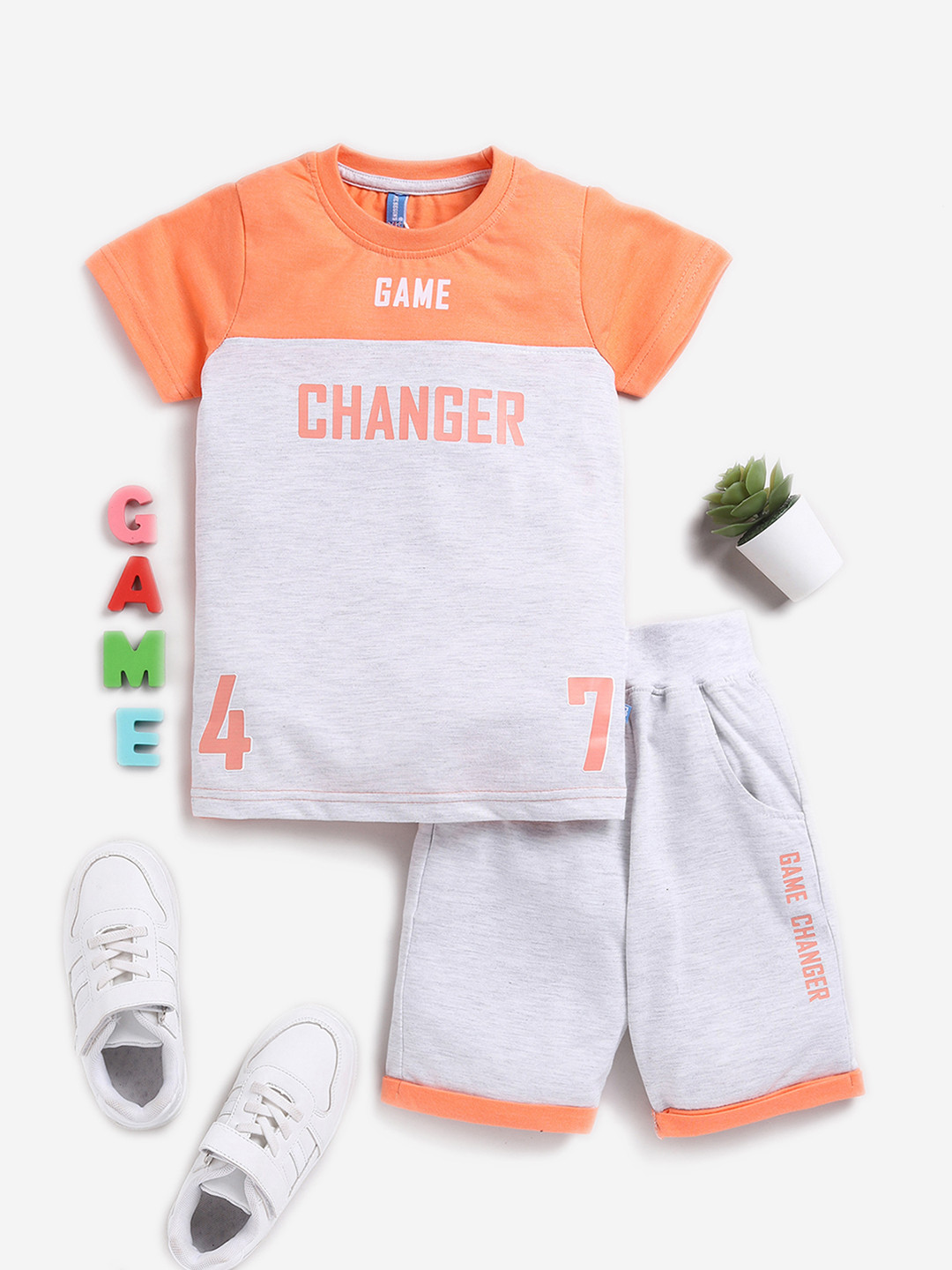 

Here&Now X Game Begins Boys Pure Cotton T-shirt with Shorts, Orange