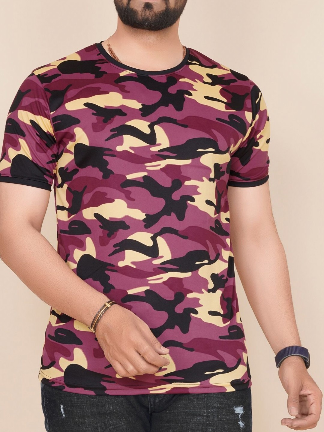 

HAPPY KHAJANA Men Camouflage Printed Round Neck Polyester T-Shirt, Pink