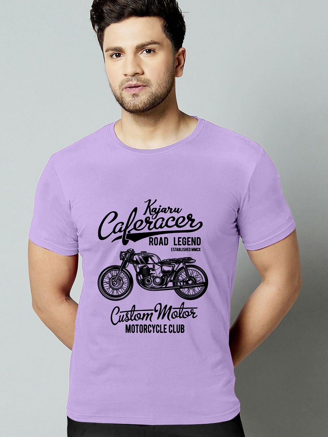 

HAPPY KHAJANA Men Biker Typography Printed Round Neck T-shirt, Lavender