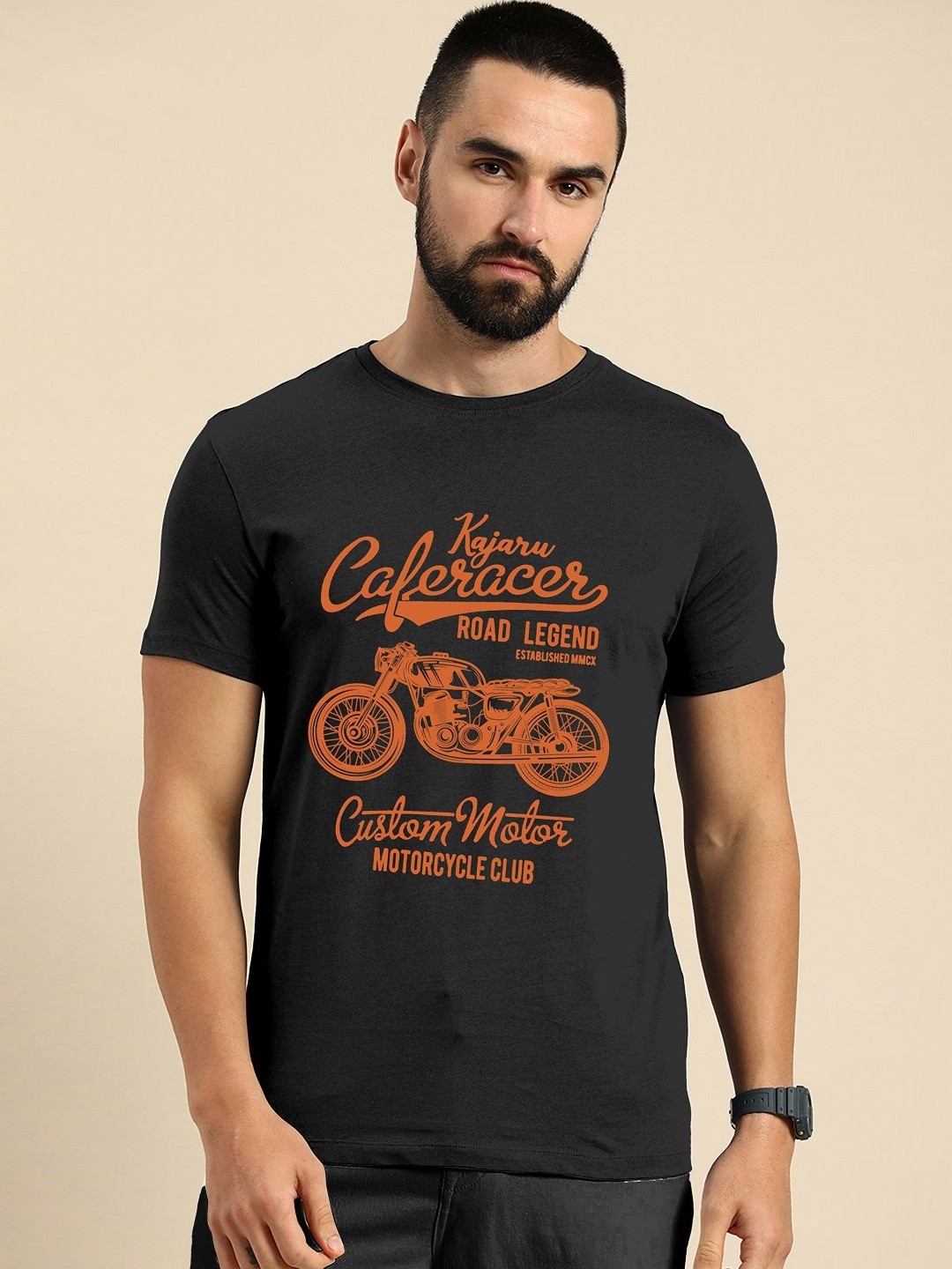 

HAPPY KHAJANA Men Biker Typography Printed Round Neck T-shirt, Black