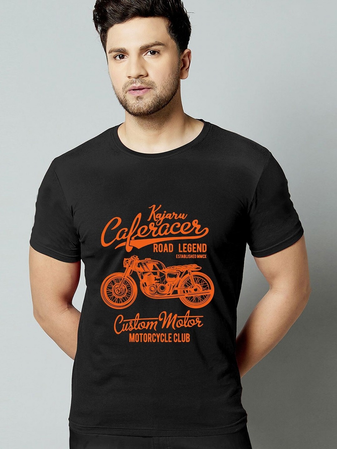 

HAPPY KHAJANA Men Biker Typography Printed Round Neck T-shirt, Black