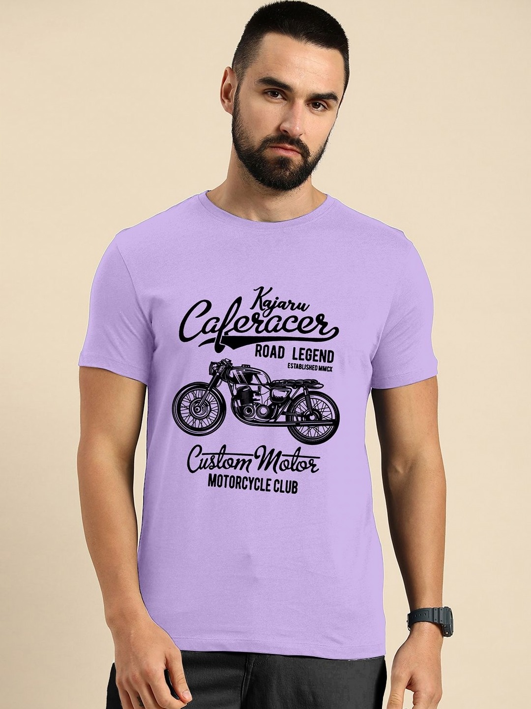 

HAPPY KHAJANA Men Biker Typography Printed Round Neck T-shirt, Lavender