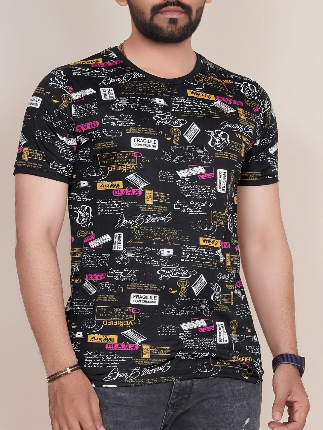 

HAPPY KHAJANA Men Conversational Printed Round Neck T-shirt, Black