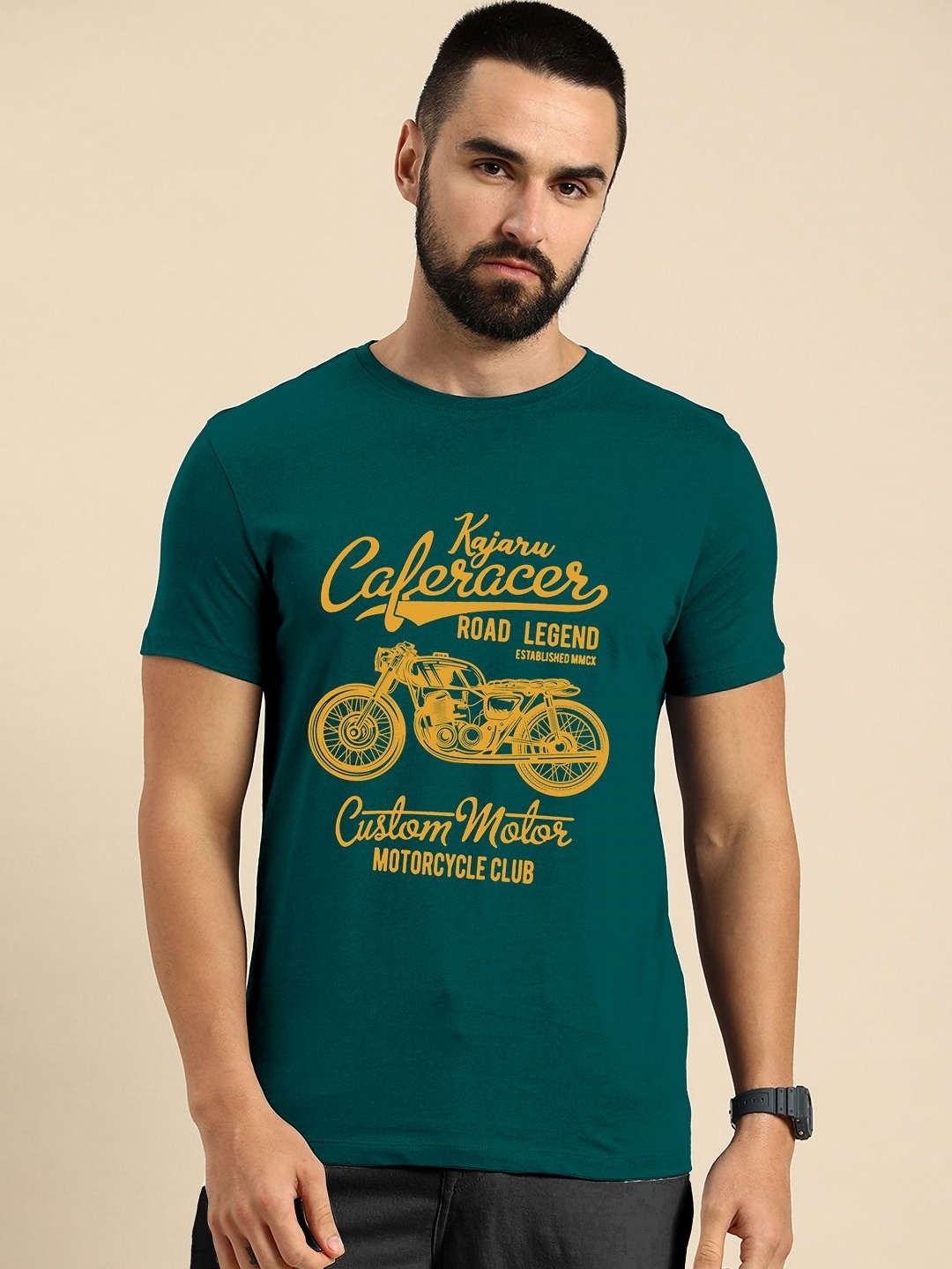 HAPPY KHAJANA Men Biker Typography Printed Round Neck T-shirt, Teal