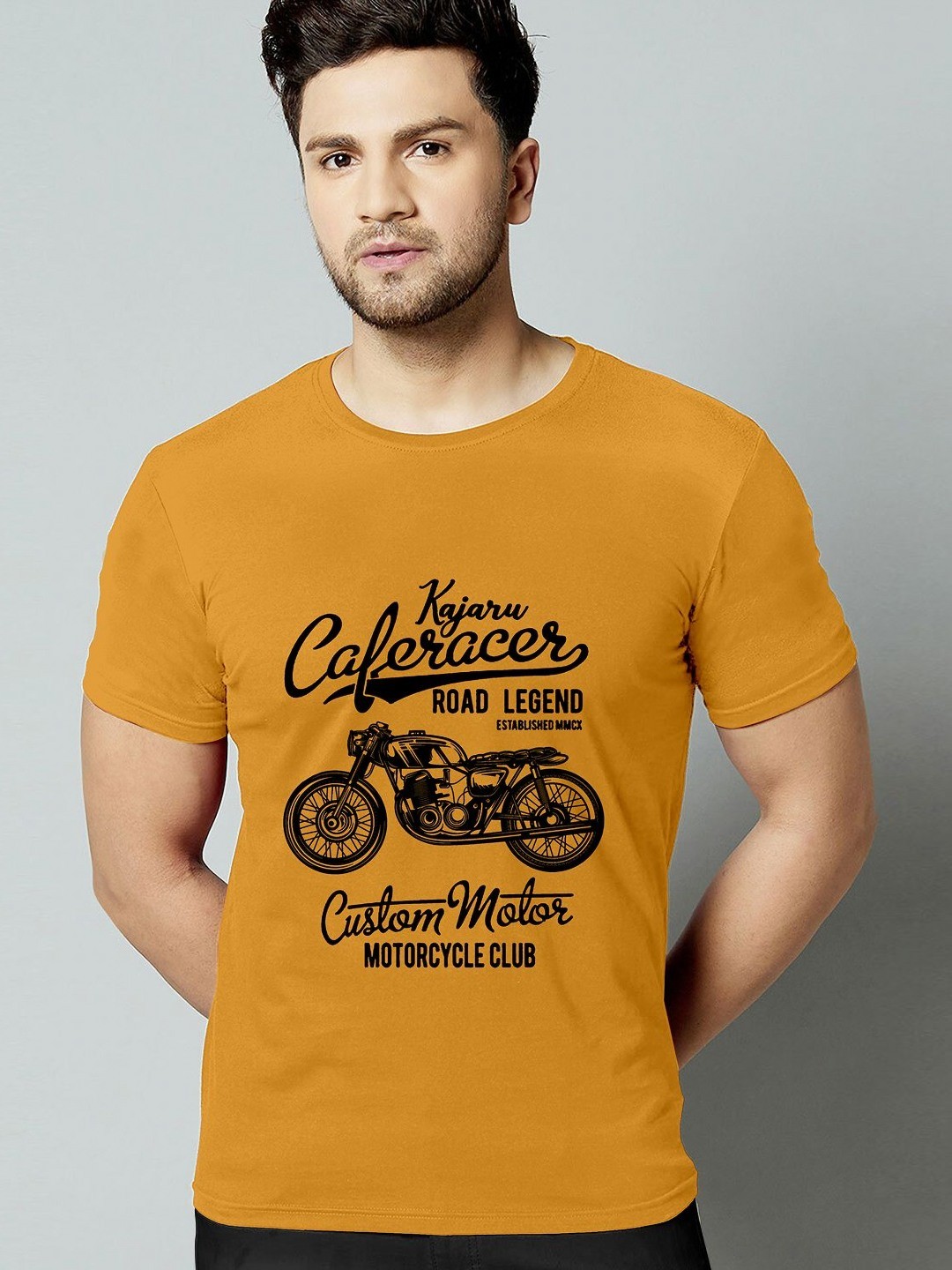 

HAPPY KHAJANA Men Biker Typography Printed Round Neck T-shirt, Yellow