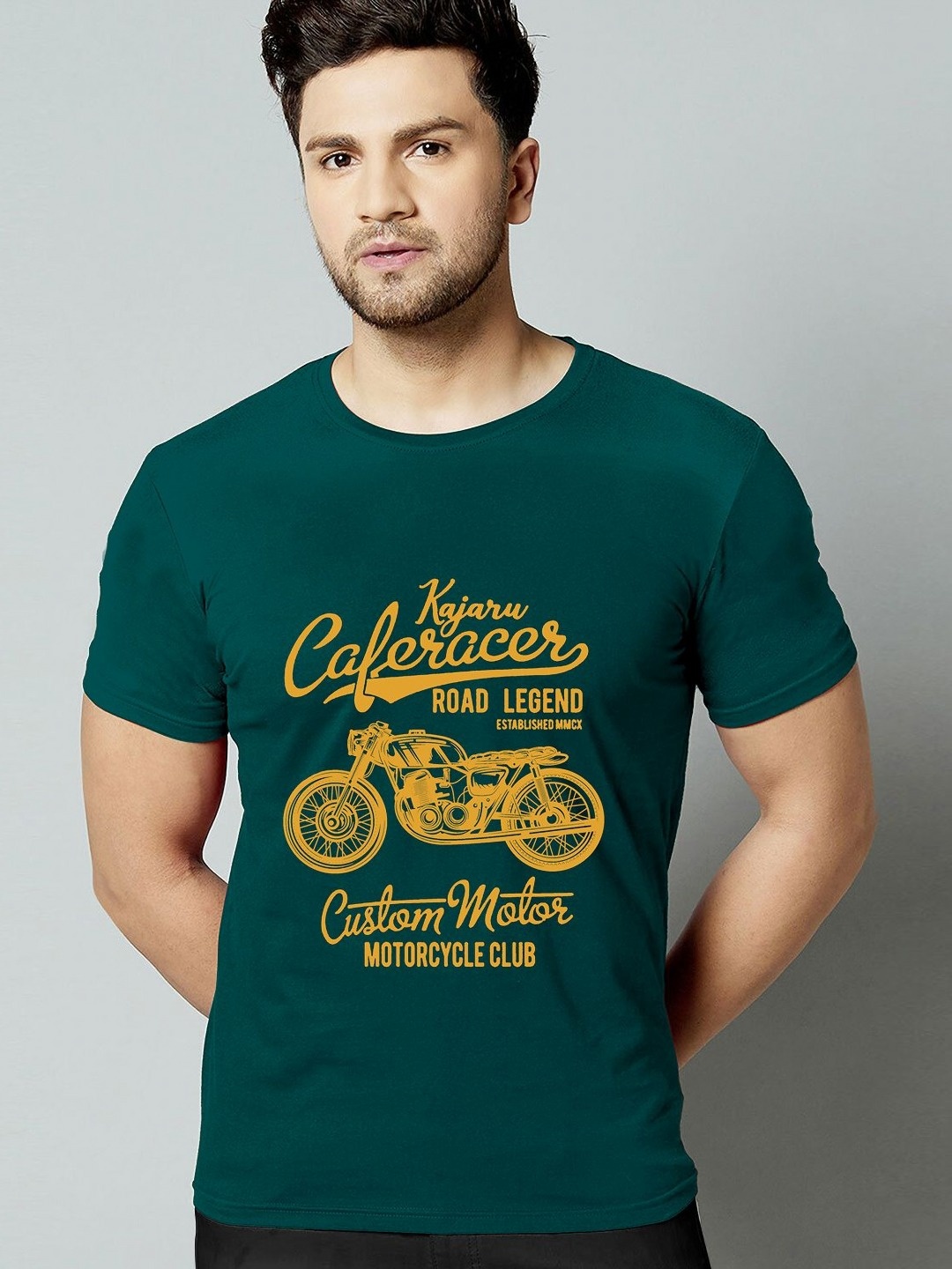 

HAPPY KHAJANA Men Biker Typography Printed Round Neck T-shirt, Teal