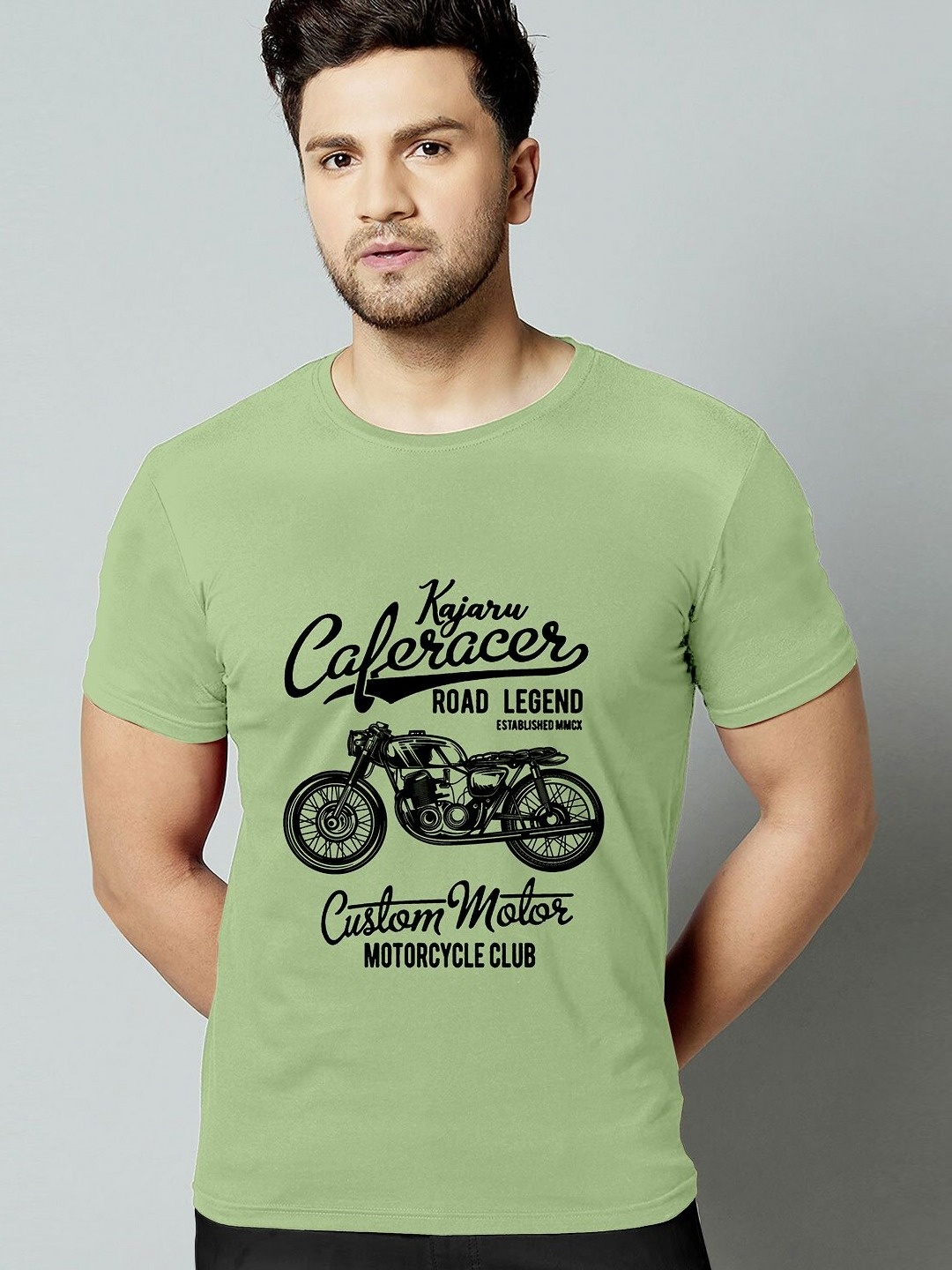 

HAPPY KHAJANA Men Biker Typography Printed Round Neck T-shirt, Green