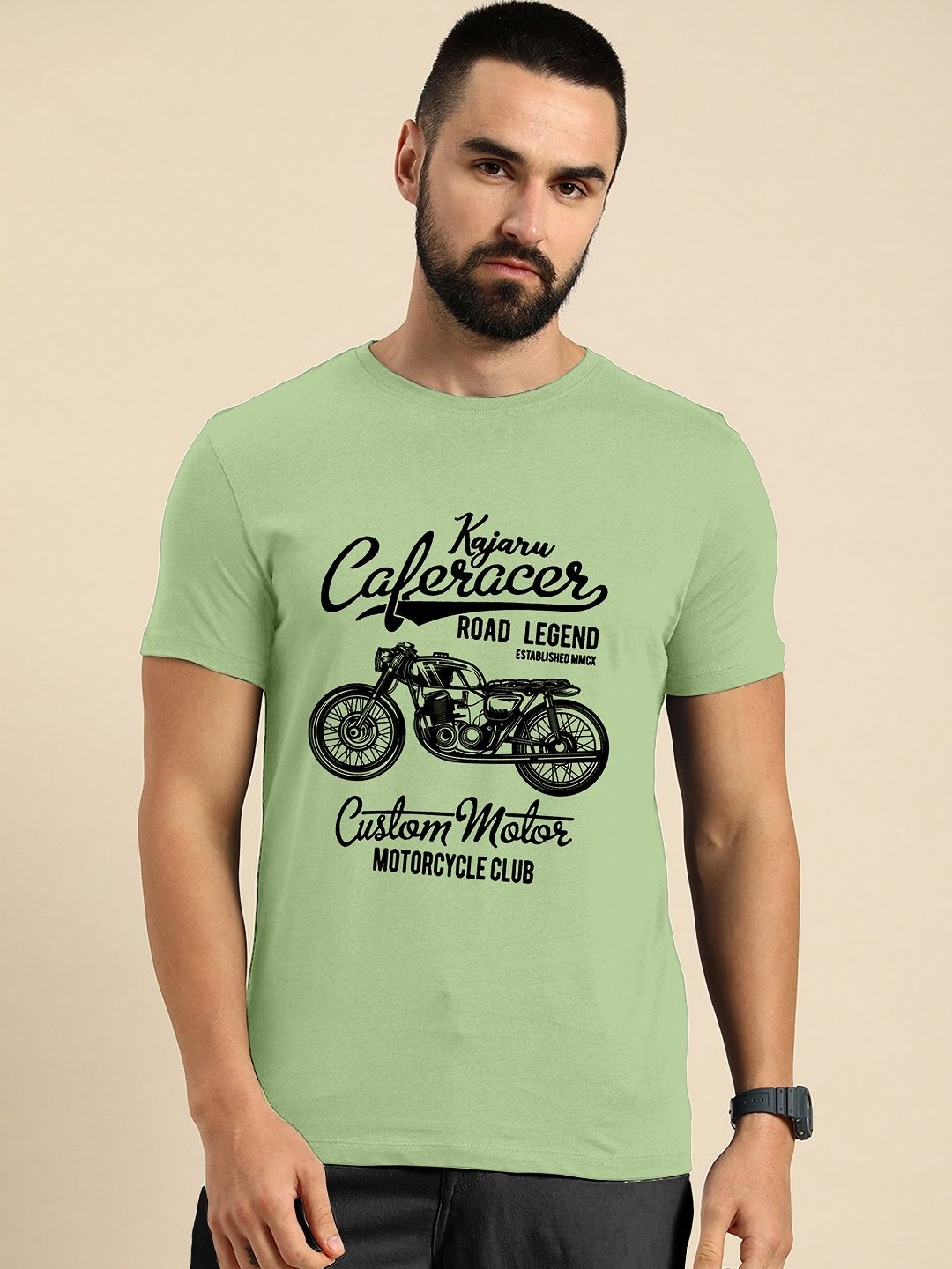 

HAPPY KHAJANA Men Biker Typography Printed Round Neck T-shirt, Green