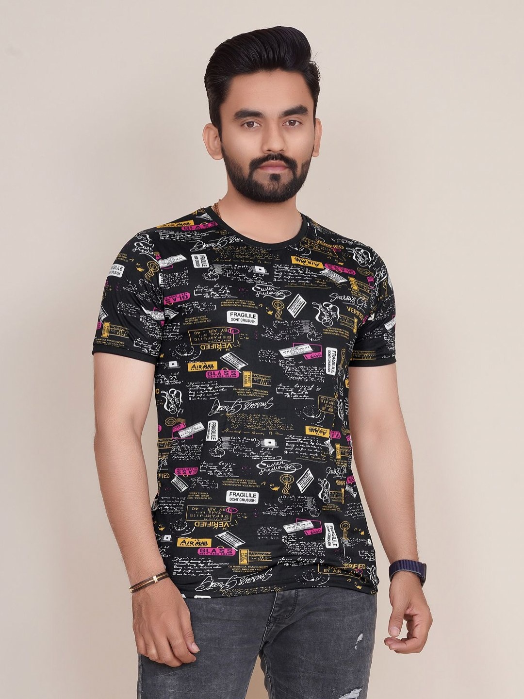 

HAPPY KHAJANA Men Conversational Printed Round Neck T-shirt, Black