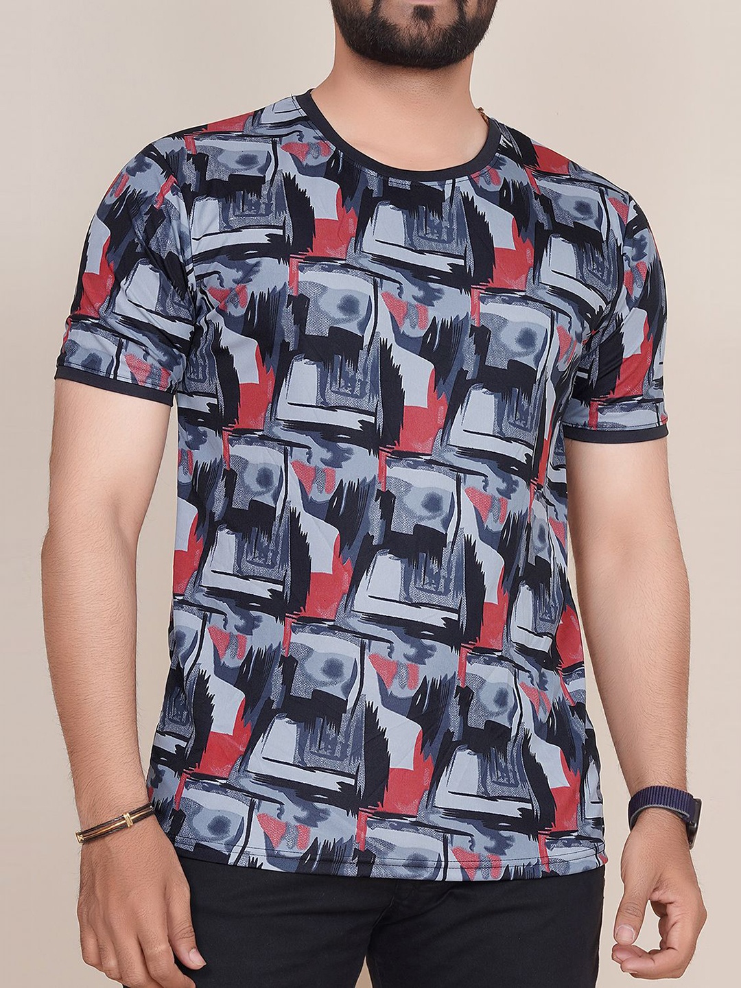 

HAPPY KHAJANA Men Abstract Printed Round Neck T-shirt, Grey