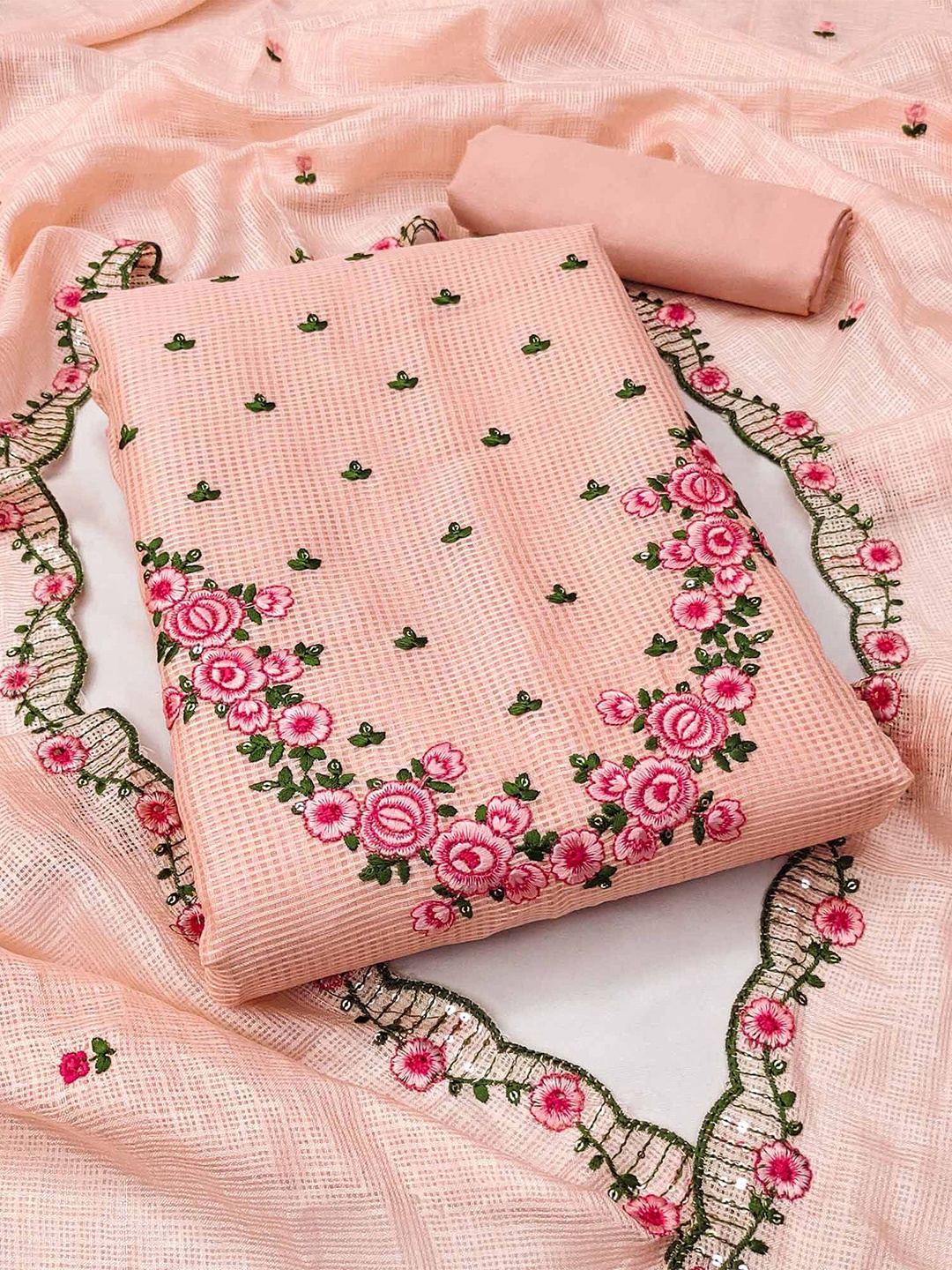 

Peachmode Floral Embroidered Sequinned Unstitched Dress Material, Peach