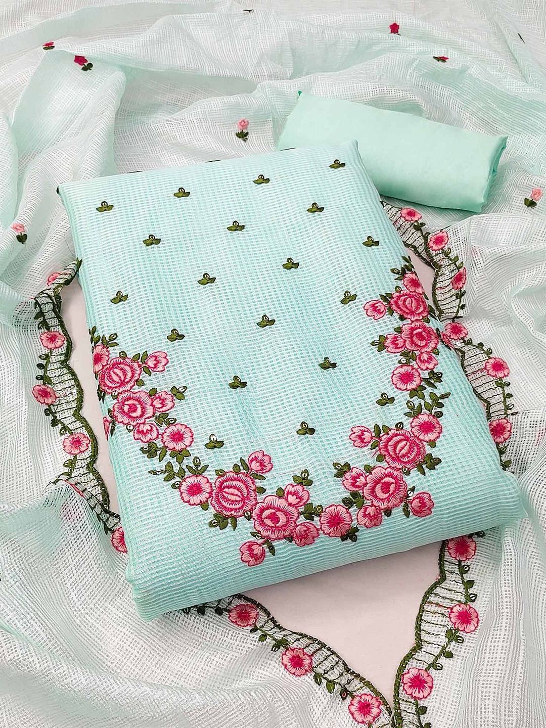 

Peachmode Floral Embroidered Unstitched Dress Material, Sea green