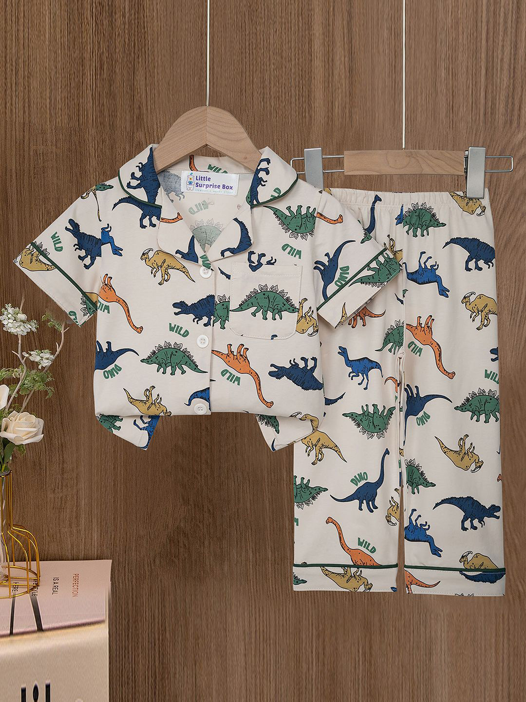 

Little Surprise Box LLP Unisex Kids Printed Mulsin Organic Cotton Night suit, Cream