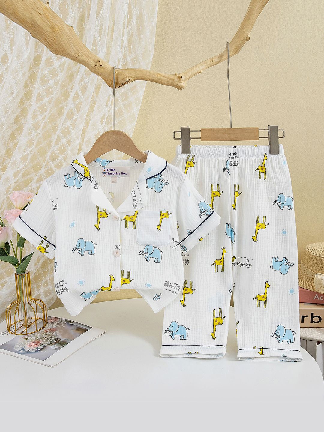 

Little Surprise Box LLP Unisex Kids Printed Mulsin Organic Cotton Night suit, Cream