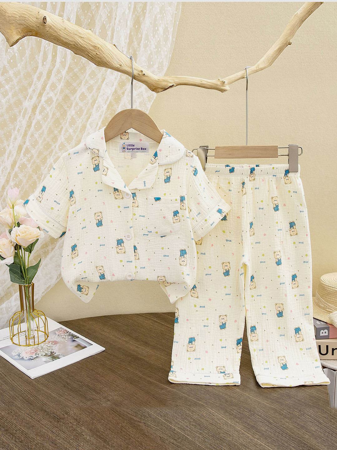 

Little Surprise Box LLP Unisex Kids Printed Mulsin Organic Cotton Night suit, Cream