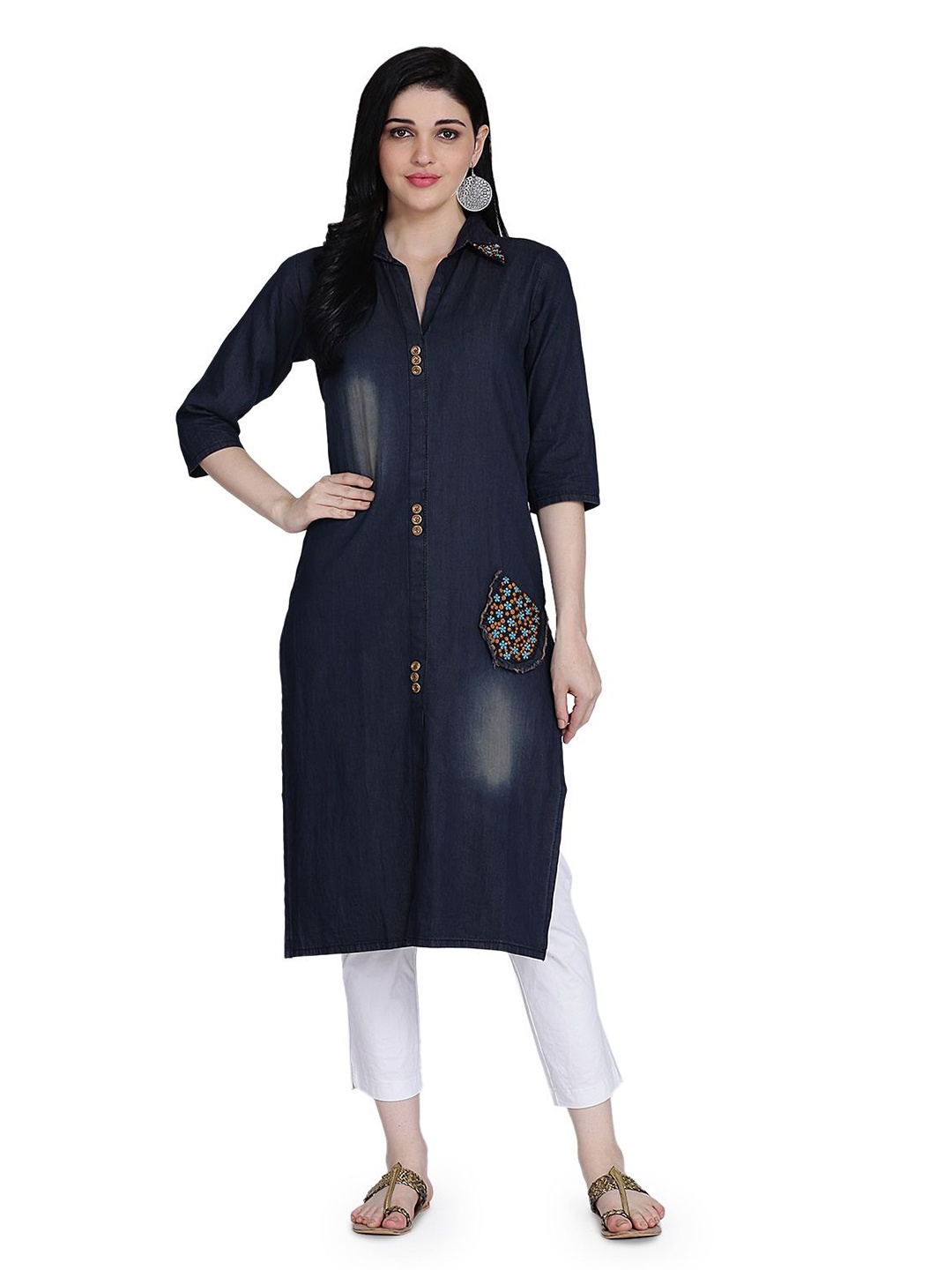 

KALINI Thread Work Denim Kurta, Navy blue