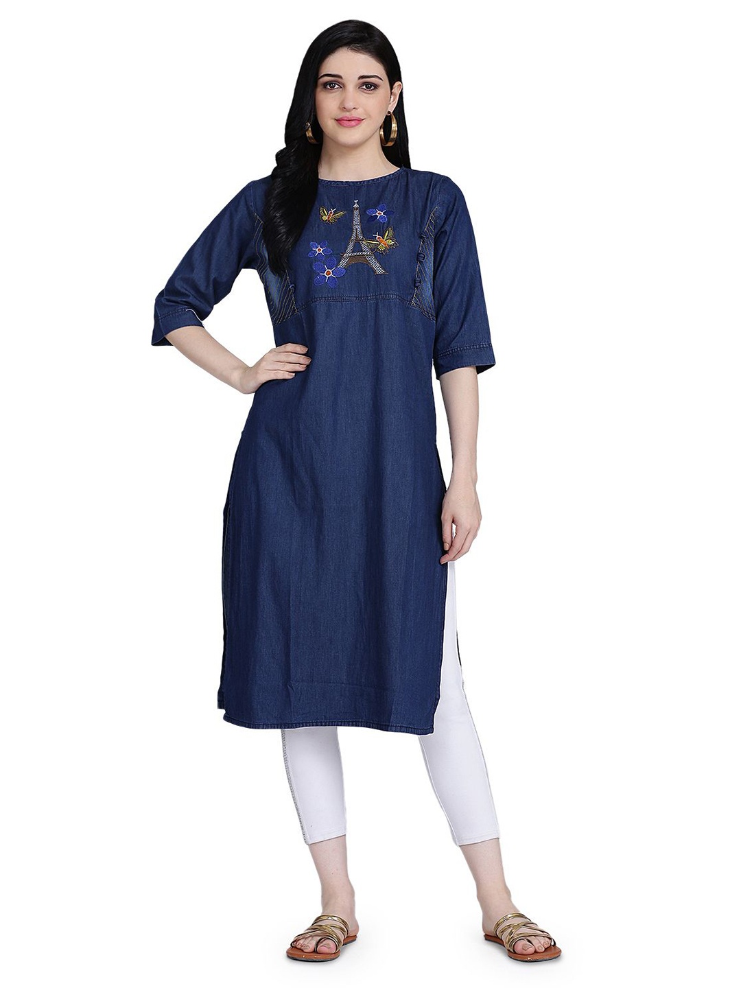 

KALINI Yoke Design Thread Work Denim Kurta, Blue