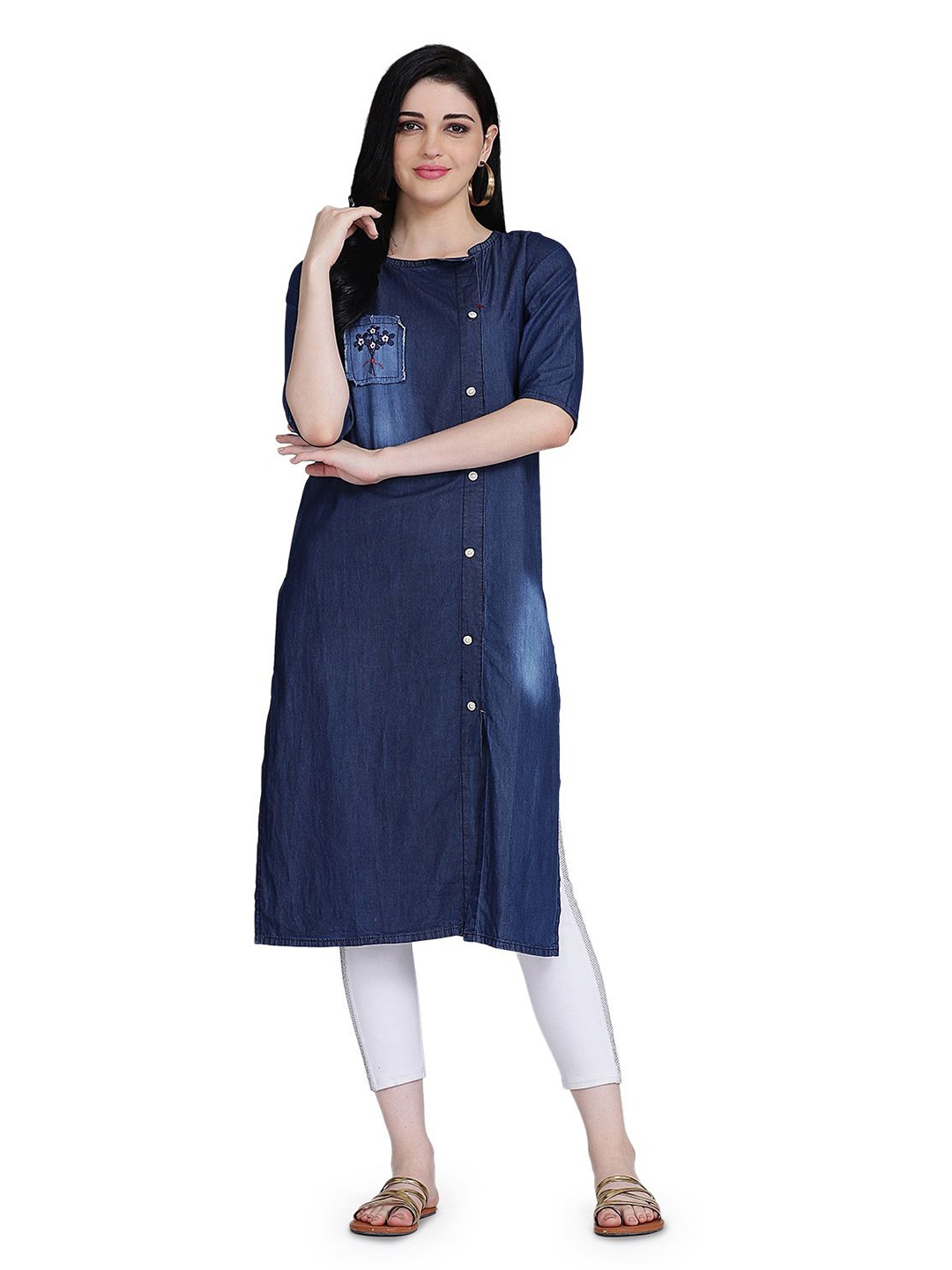 

KALINI Embroidered Denim Straight Kurta, Blue