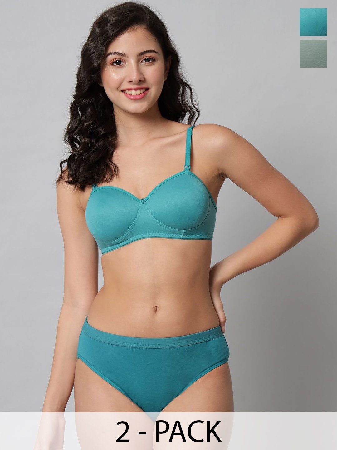 

R Cube Pack Of 2 Lightly Padded Bra And Panty Lingerie Set, Green
