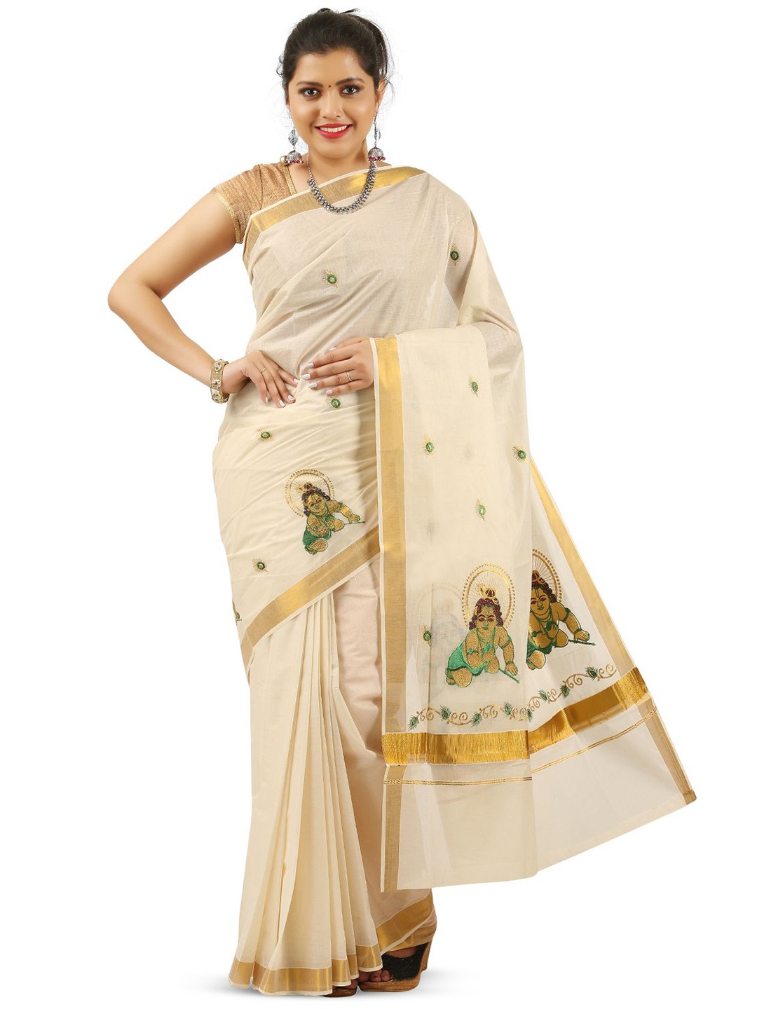 

Rst R Selvamani Tex Ethnic Motifs Zari Pure Cotton Kasavu Saree, Off white