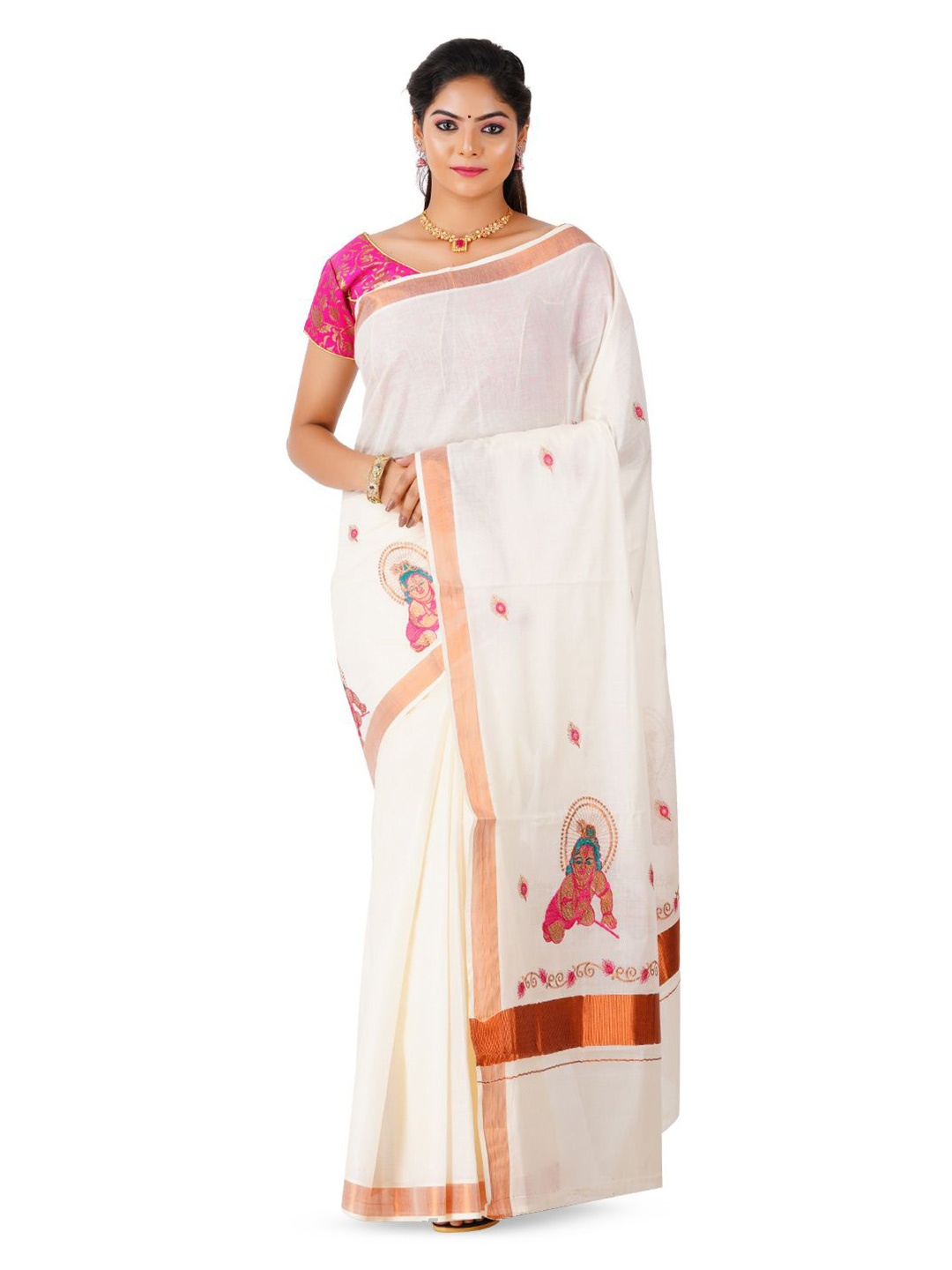 

Rst R Selvamani Tex Ethnic Motifs Zari Pure Cotton Kasavu Saree, Off white