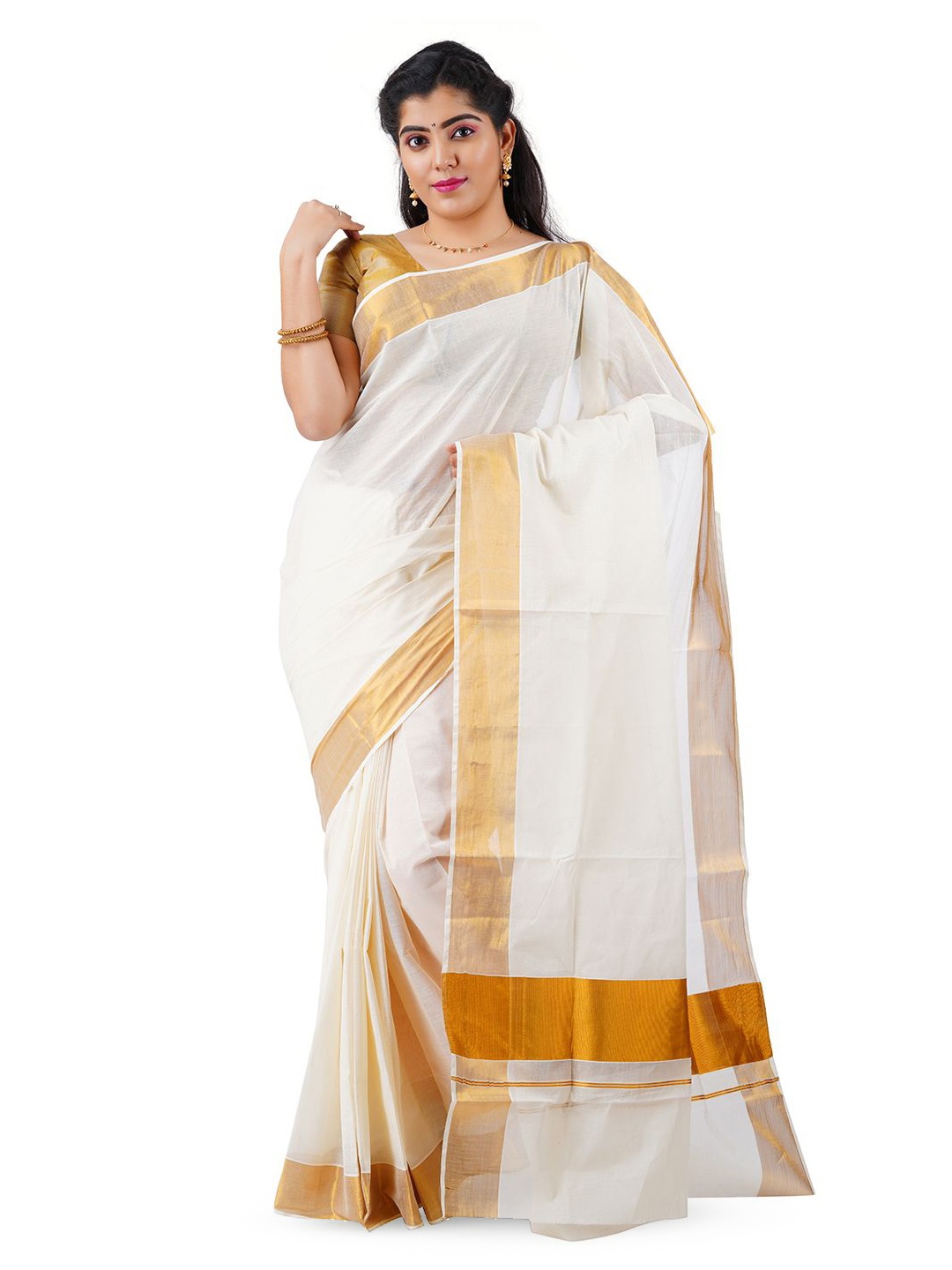 

Rst R Selvamani Tex Zari Pure Cotton Kasavu Saree, Off white