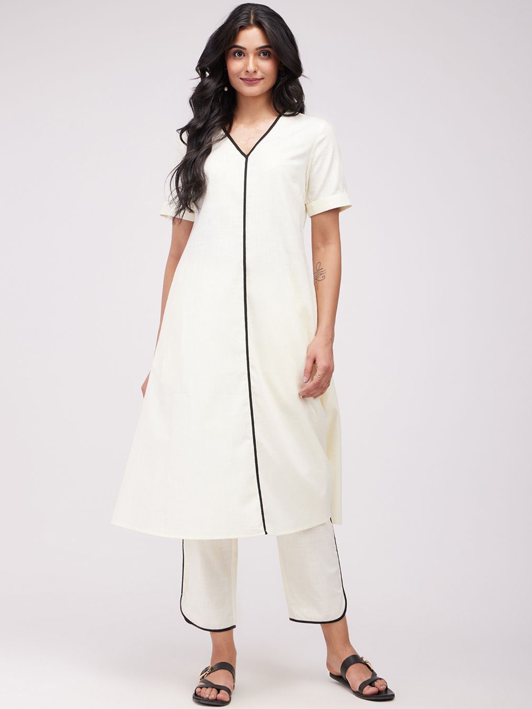 

Pink Fort V-Neck Pure Cotton A-Line Kurta With Trousers, Off white