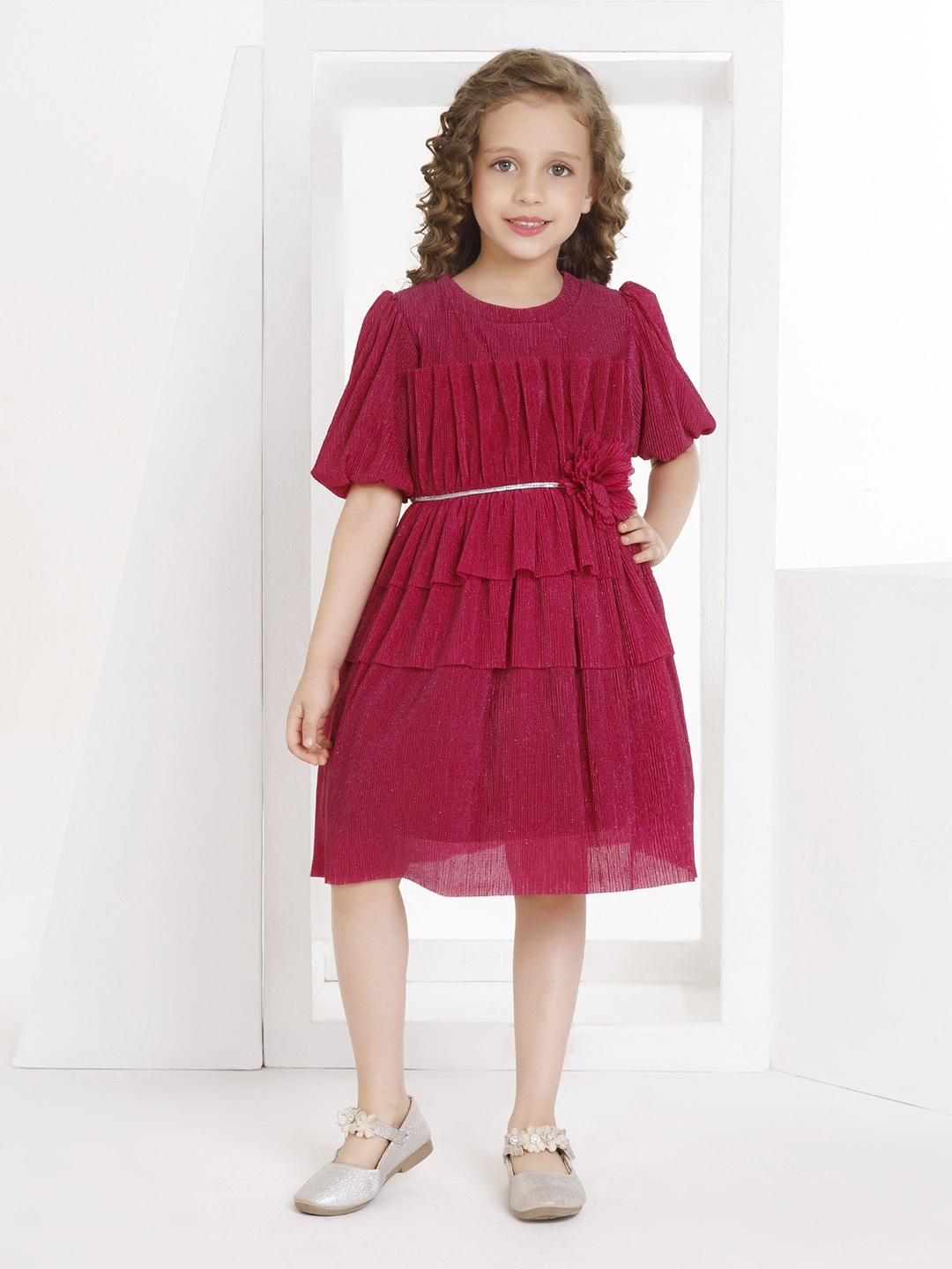 

Peppermint Puff Sleeves Fit & Flare Dress, Pink