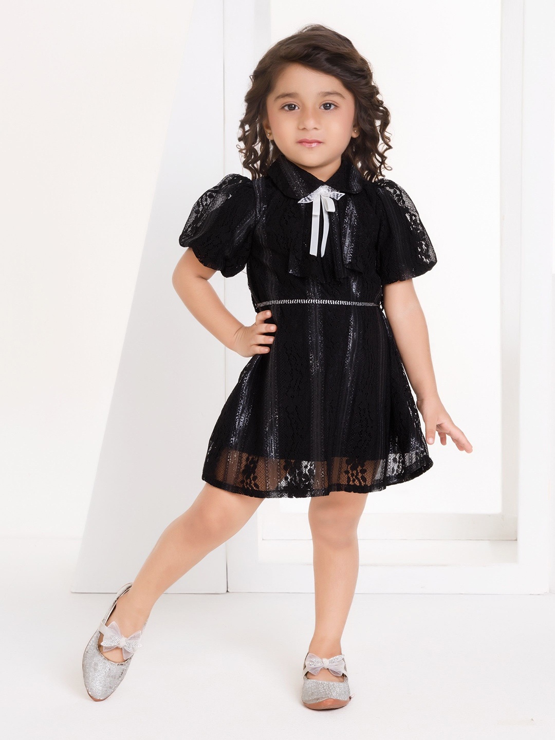 

Peppermint Puff Sleeves Fit and Flare Dress, Black