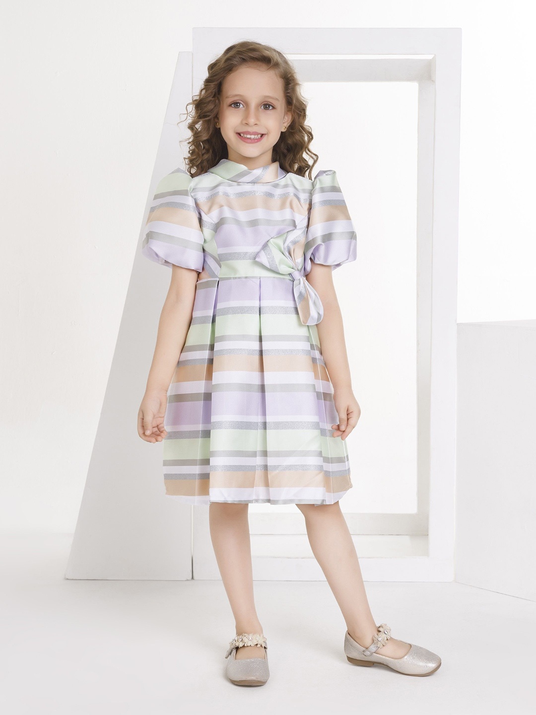 

Peppermint Striped Puff Sleeves Fit and Flare Dress, Multi