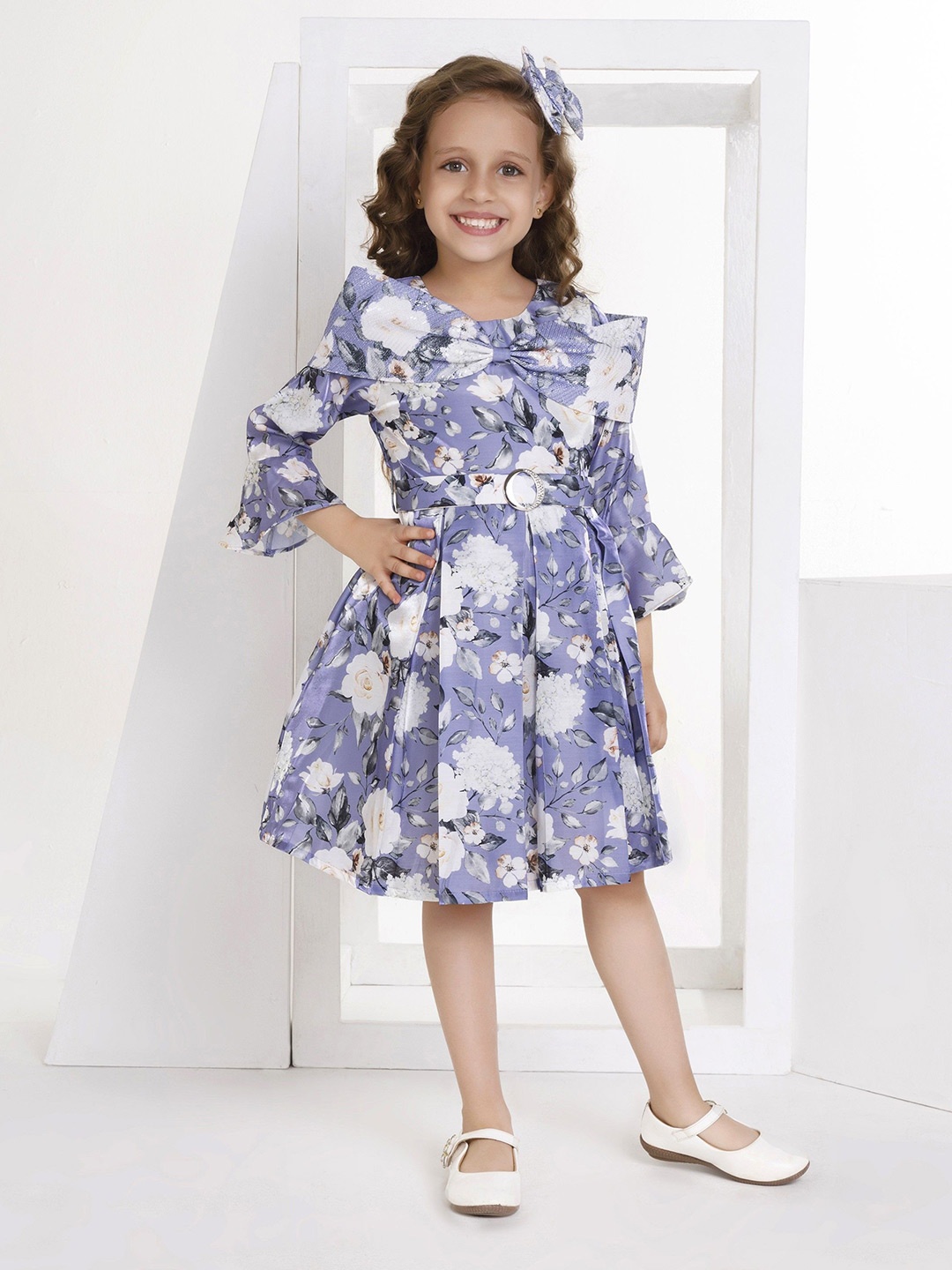 

Peppermint Floral Print Bell Sleeve Satin Fit and Flare Dress, Purple