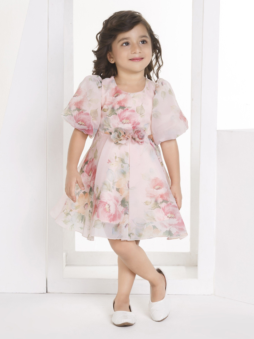 

Peppermint Floral Print Puff Sleeves Fit and Flare Dress, Peach