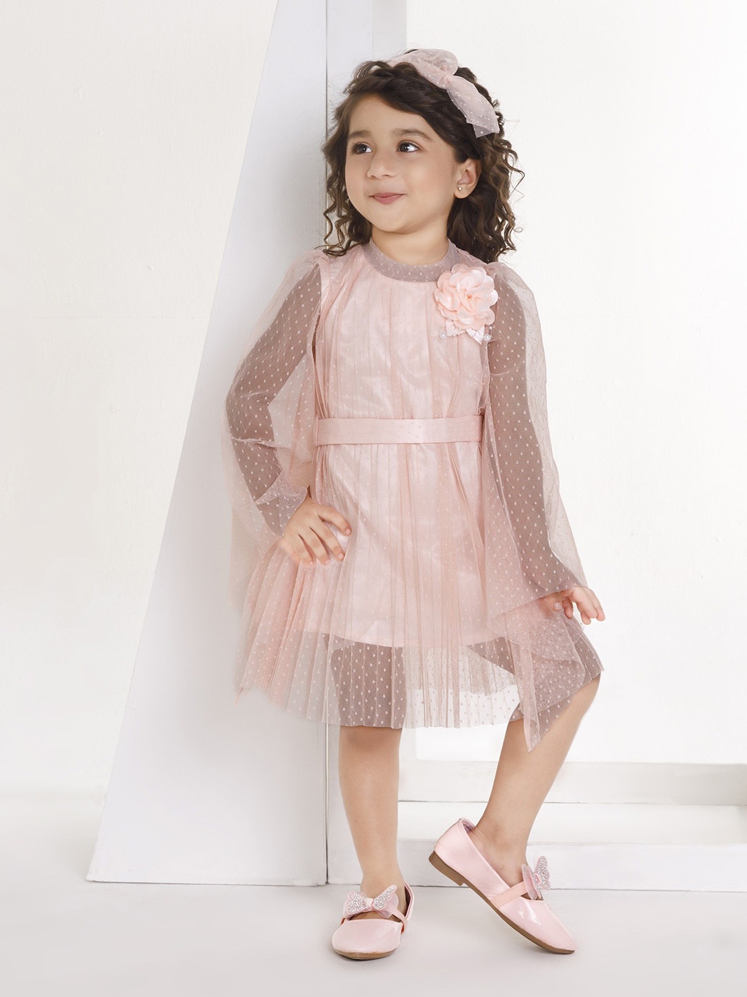 

Peppermint Long Sleeves Net Fit and Flare Dress, Peach