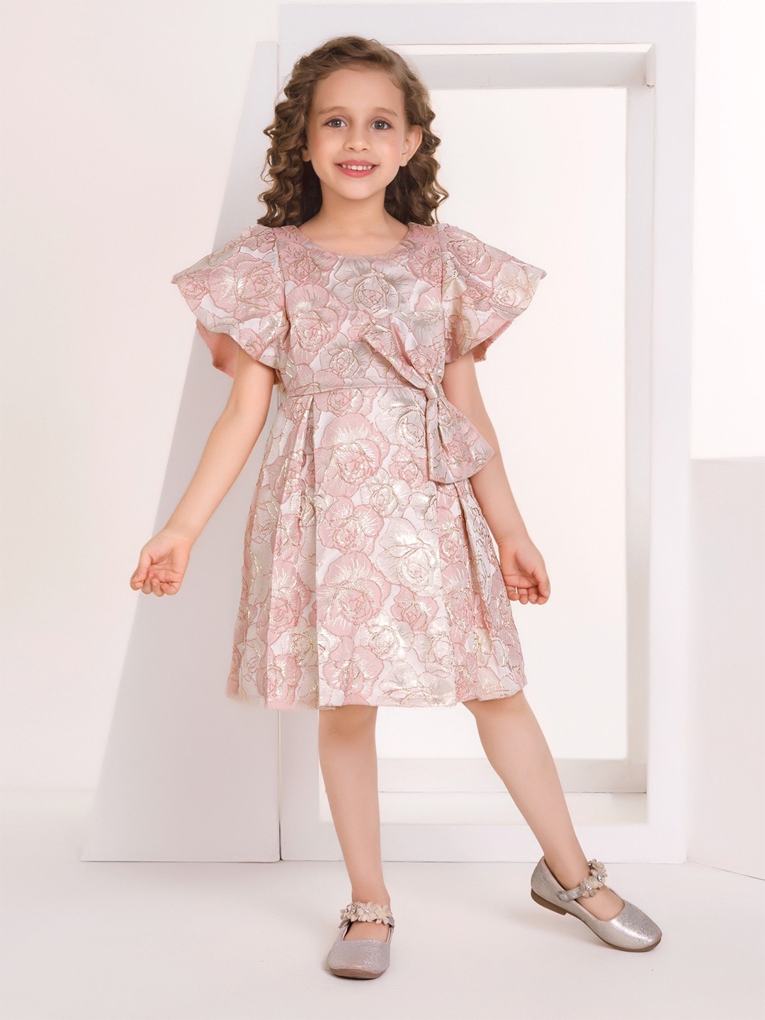 

Peppermint Floral Flutter Sleeve Fit and Flare Dress, Peach