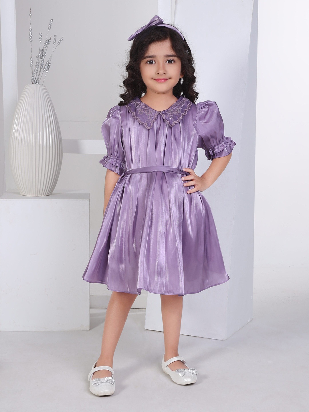 

Peppermint Puff Sleeve Fit and Flare Dress, Purple