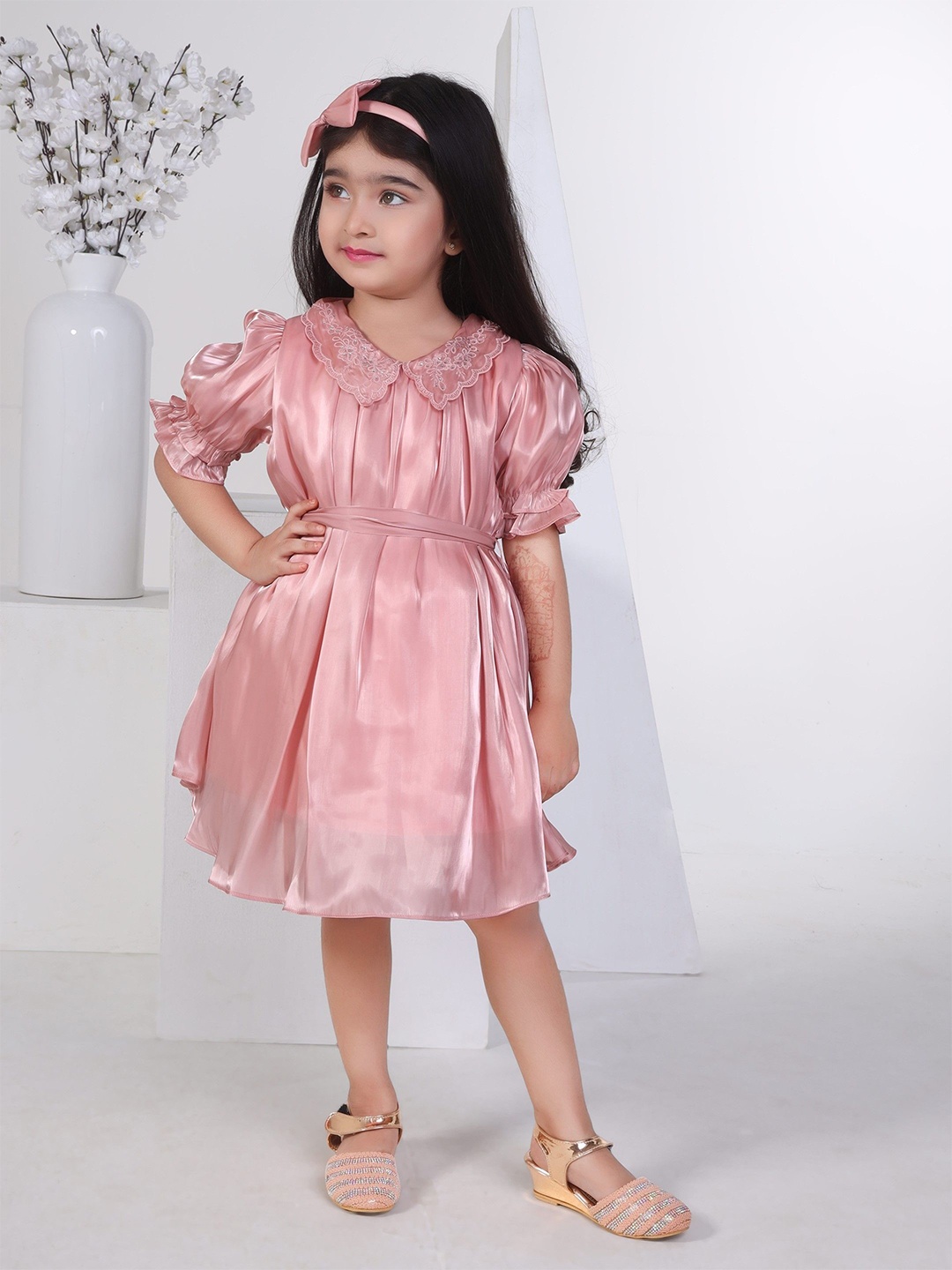 

Peppermint Peter Pan Collar Puff Sleeve Fit & Flare Dress, Peach